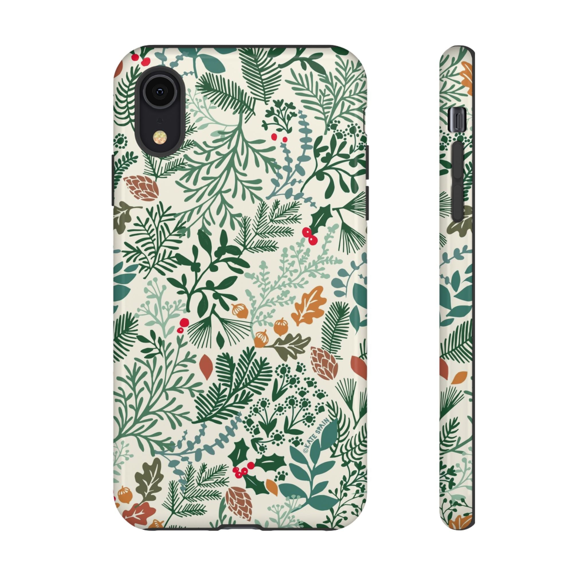 Juniper Tough iPhone XR Case – Glossy | cream, green, red botanical woodland print