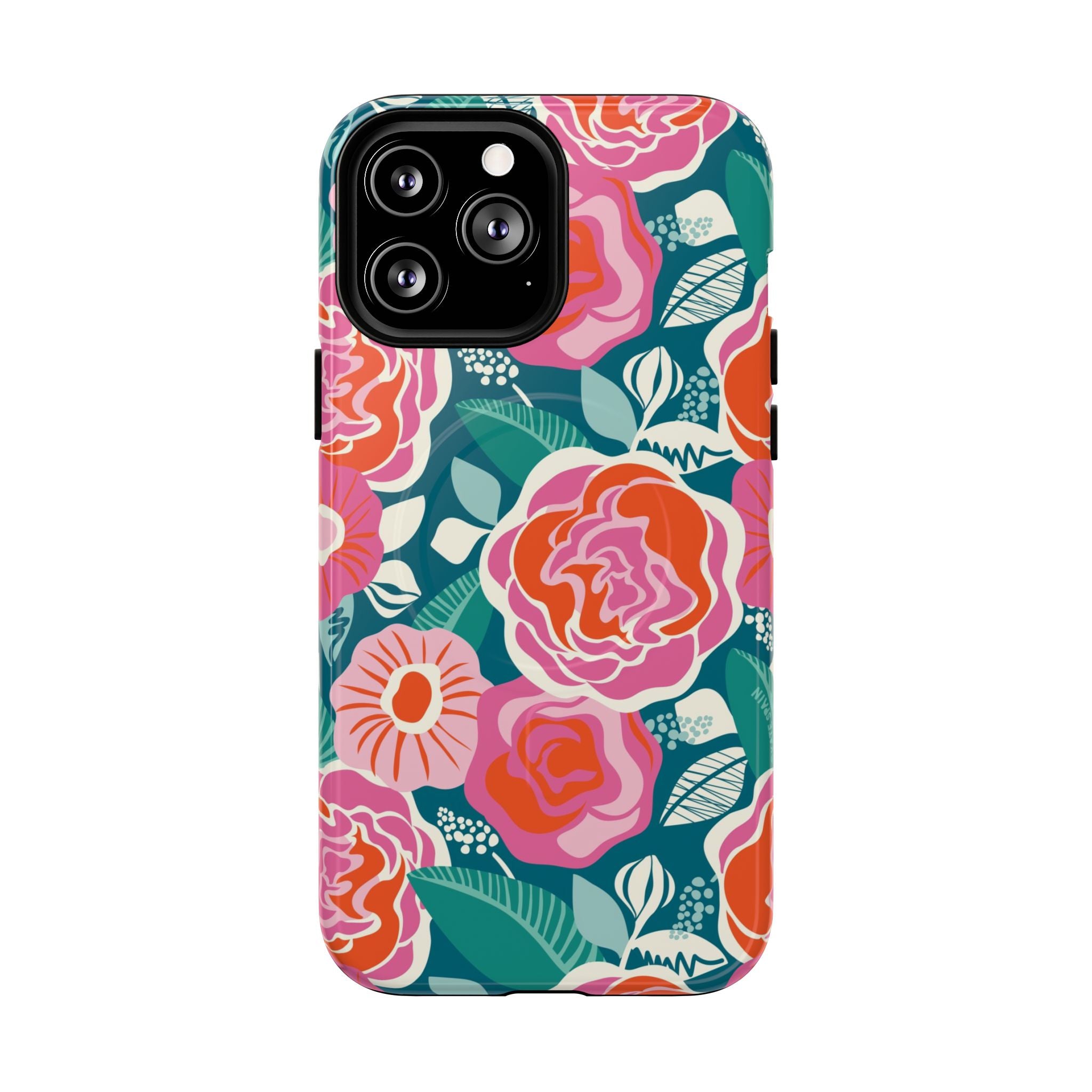 Luxury Tea Rose Teal MagSafe iPhone 13 Pro Max Case – Glossy | teal, coral, pink botanical rose floral print