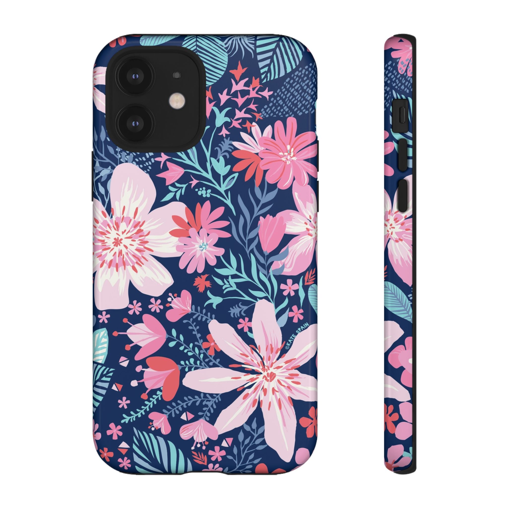 Bonaire Tough iPhone 12 Case – Glossy | navy, pink, white tropical floral botanical print