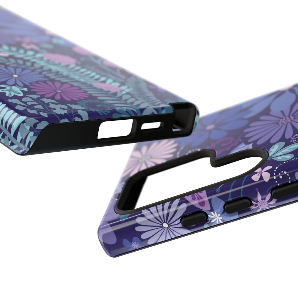 Luxury Terrain Samsung Galaxy S24 Case – Glossy | close-up of sides of case in navy, purple, aqua botanical woodland floral print