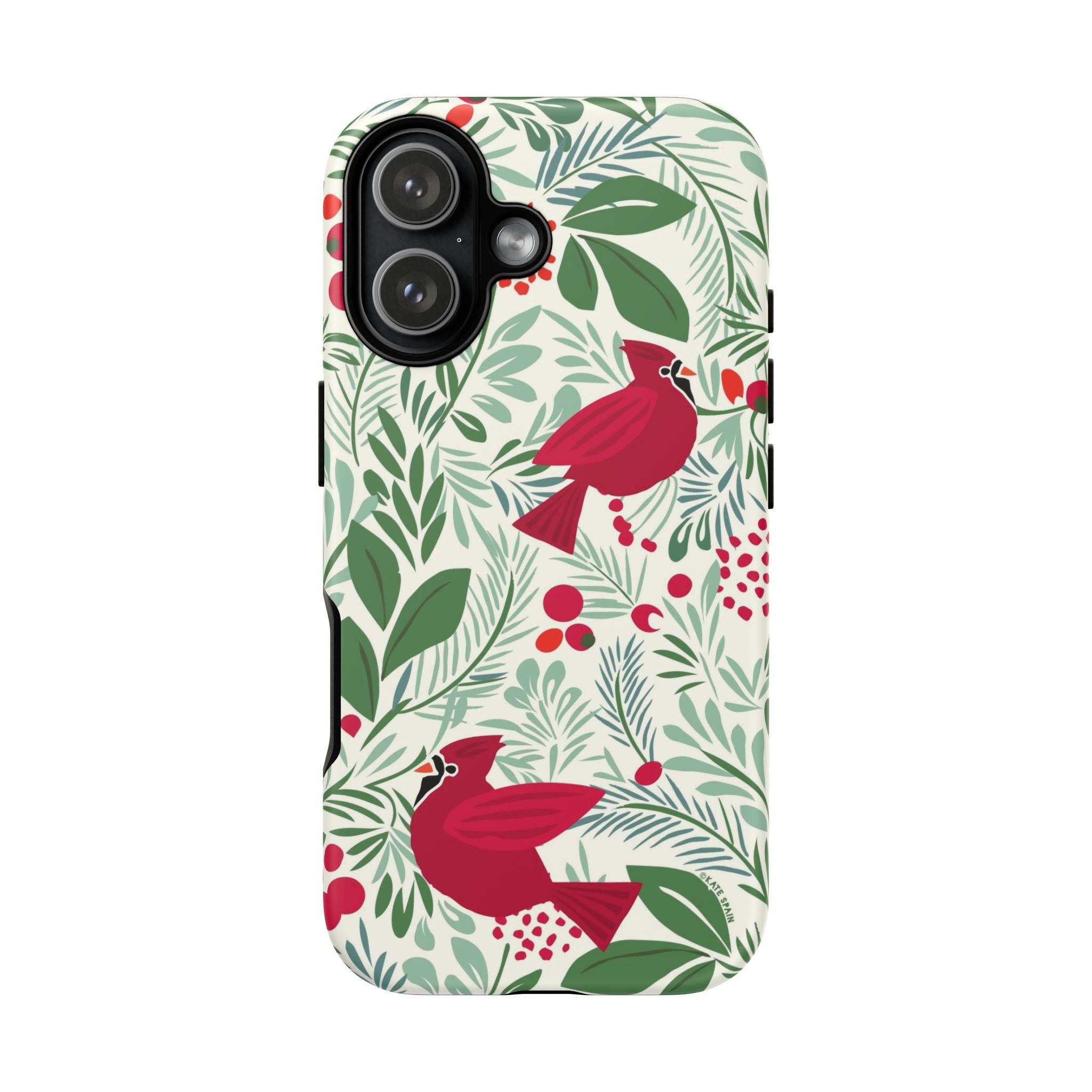 Birds and Berries Tough iPhone 17 Case – Matte | cream, red, green botanical cardinal berry print