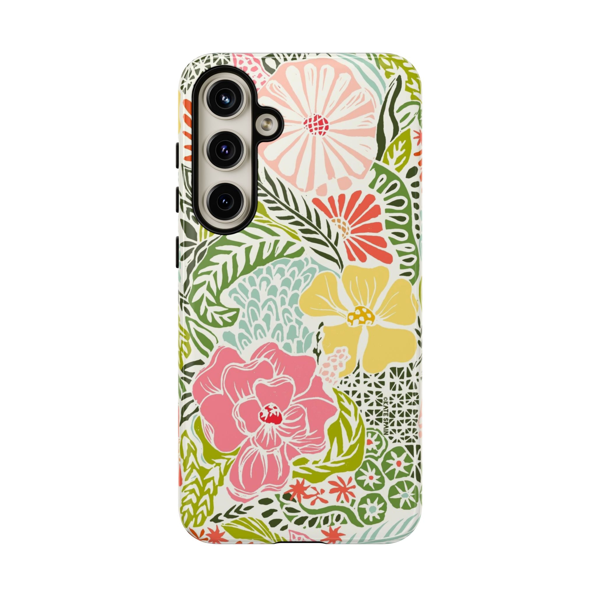 Cute Tropica Samsung Galaxy S24 Plus Case – Glossy | cream, pink, yellow, blue botanical floral print