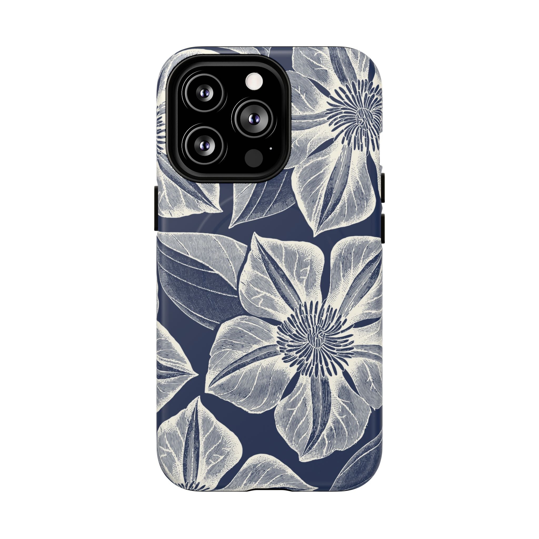 Vintage Bloom Navy MagSafe iPhone 13 Pro Case – Matte | navy ground, large-scale white clematis print, engraved petal detail, dual-layer protection
