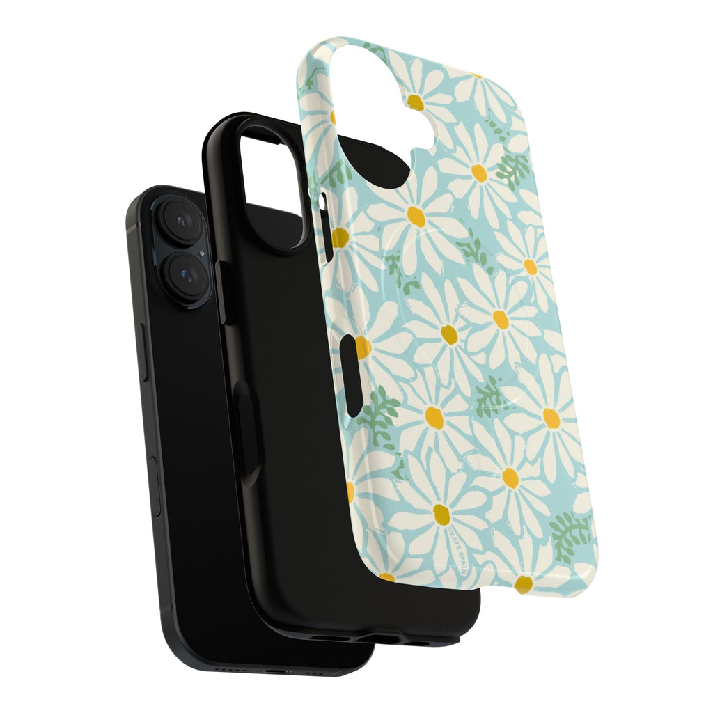Daisies MagSafe iPhone 17 Case – Dual-layered view of case and inner lining in front of phone, with view of camera cutout and buttons | mint, white, yellow botanical daisy floral print