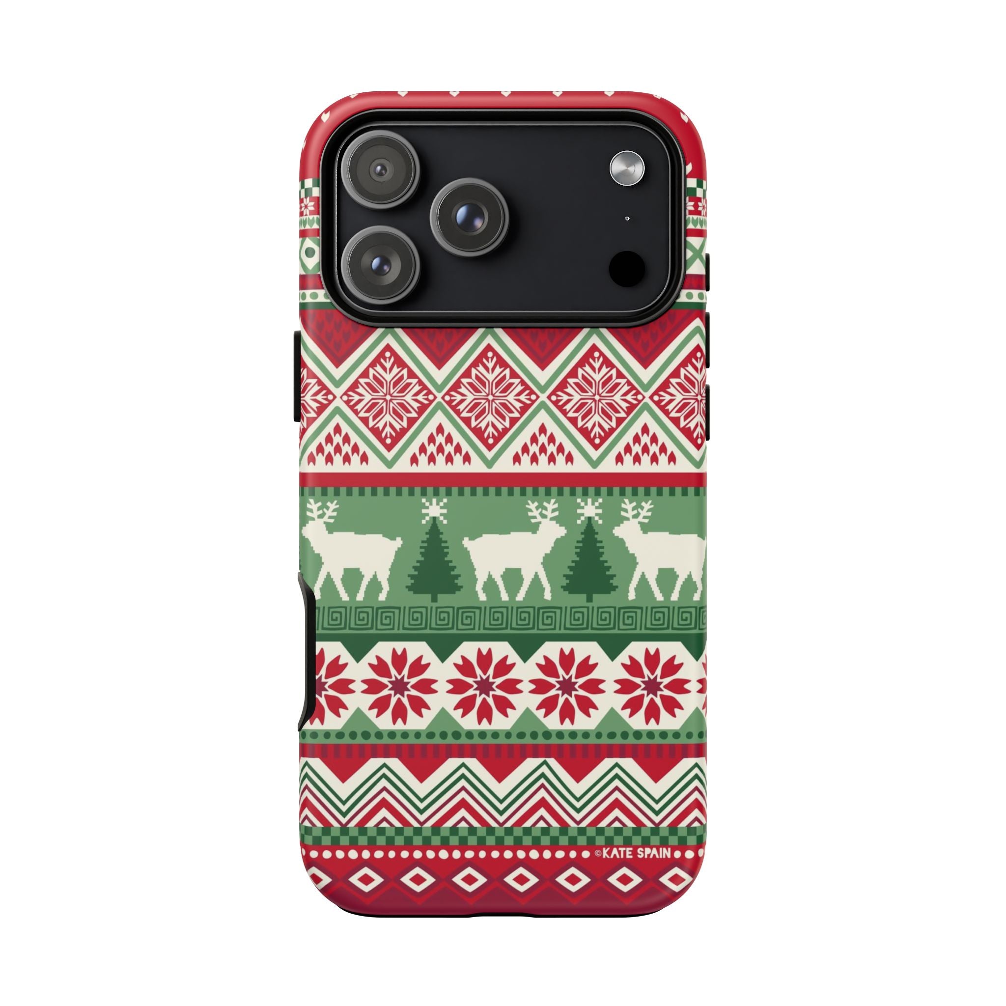 Telemark Tough iPhone 17 Pro Max Case – Matte | red, green, cream fair isle reindeer Nordic print