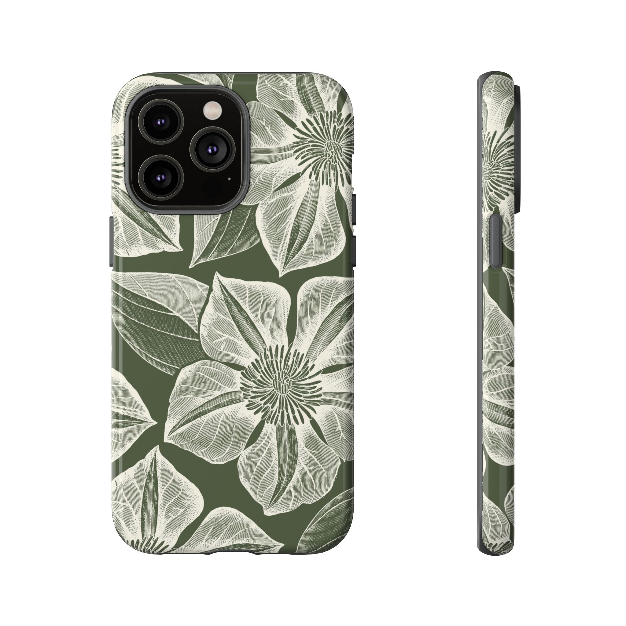 Vintage Bloom Cypress iPhone 14 Pro Max case – Glossy | cypress green ground, large-scale white clematis print, engraved petal detail, dual-layer protection