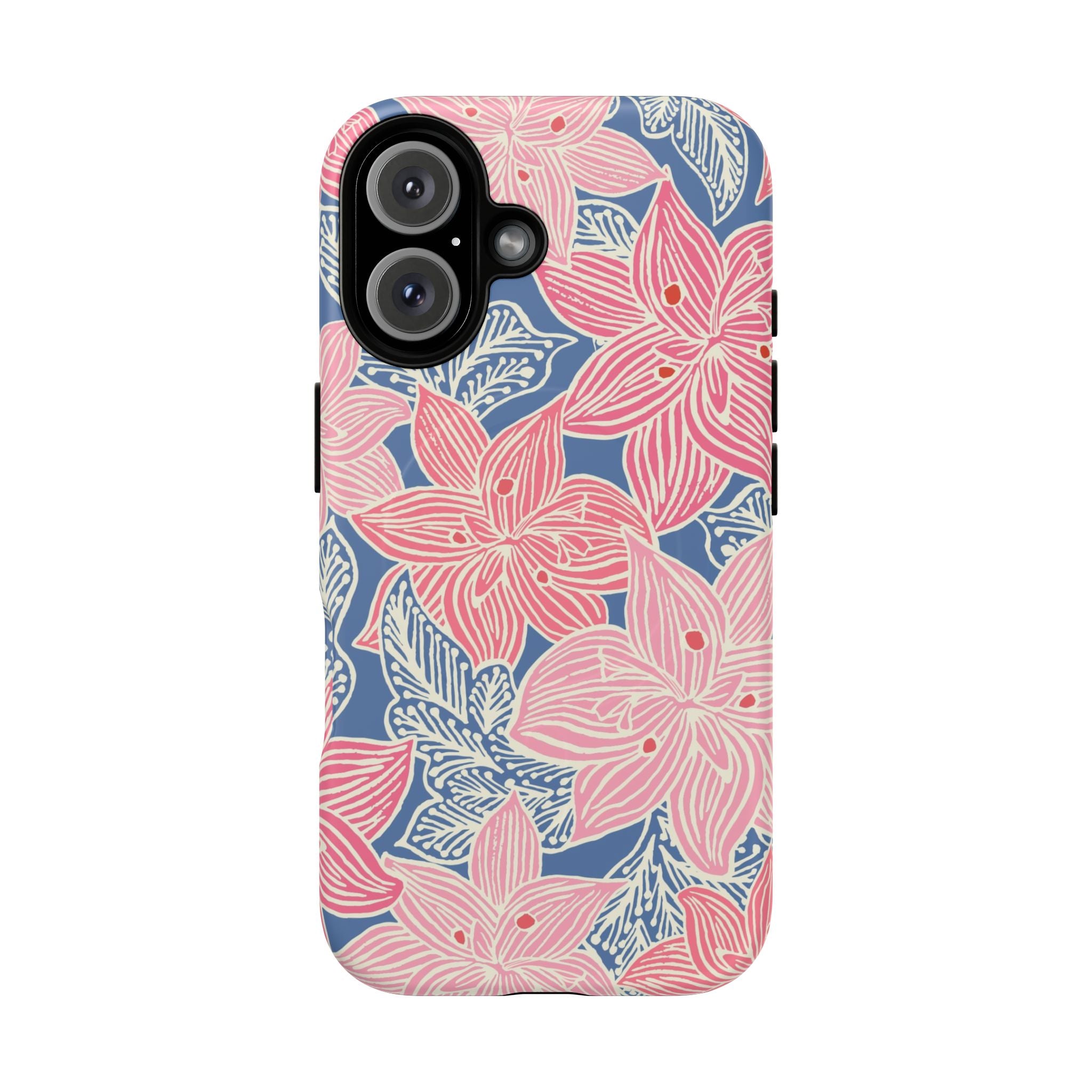 Hibiscus Lagoon MagSafe iPhone 16 Case – Glossy | coral, blush, cream, dusty blue hibiscus botanical print