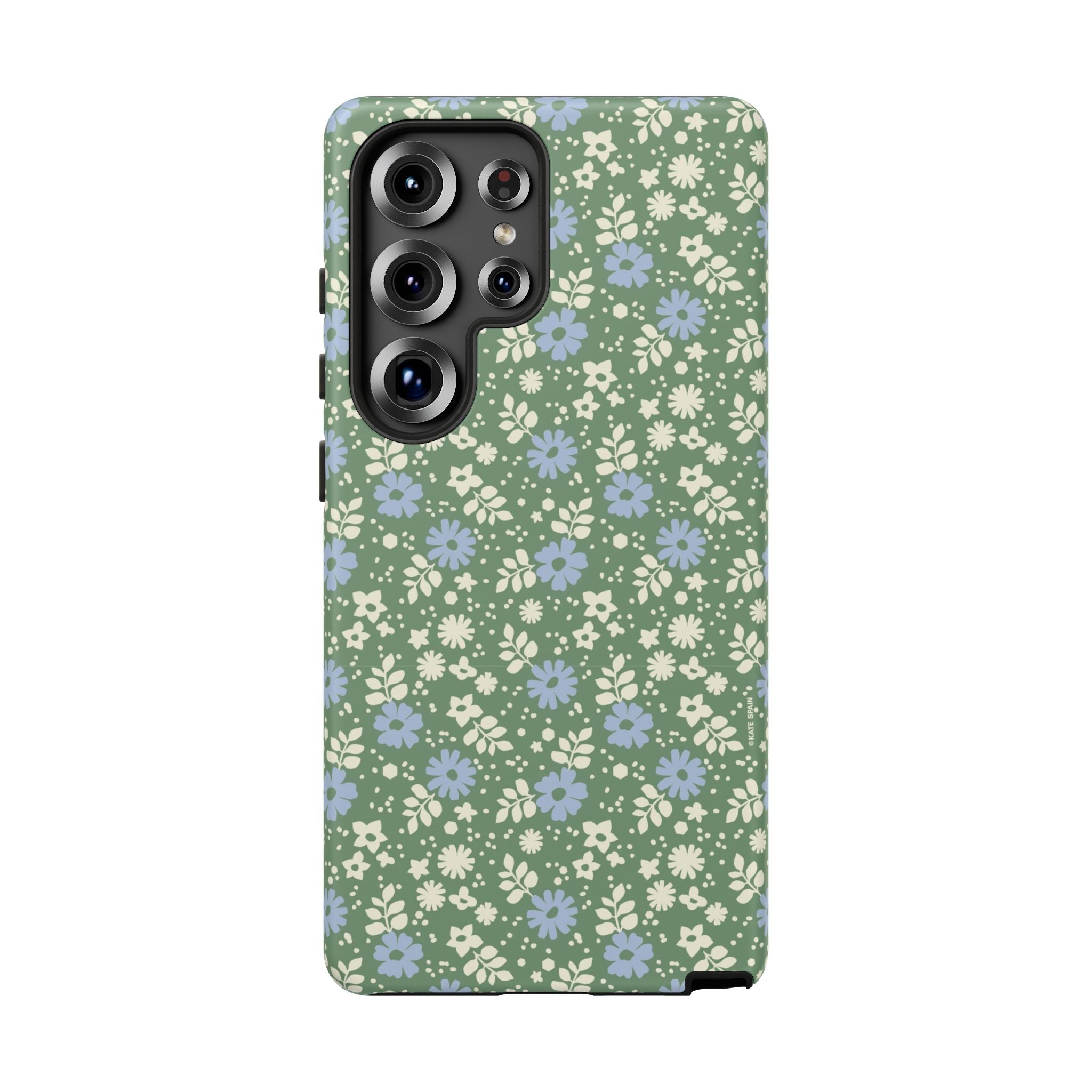 Cottage Core Cute Petaline Samsung Galaxy S24 Ultra Case – Matte | green background with white and blue ditsy florals