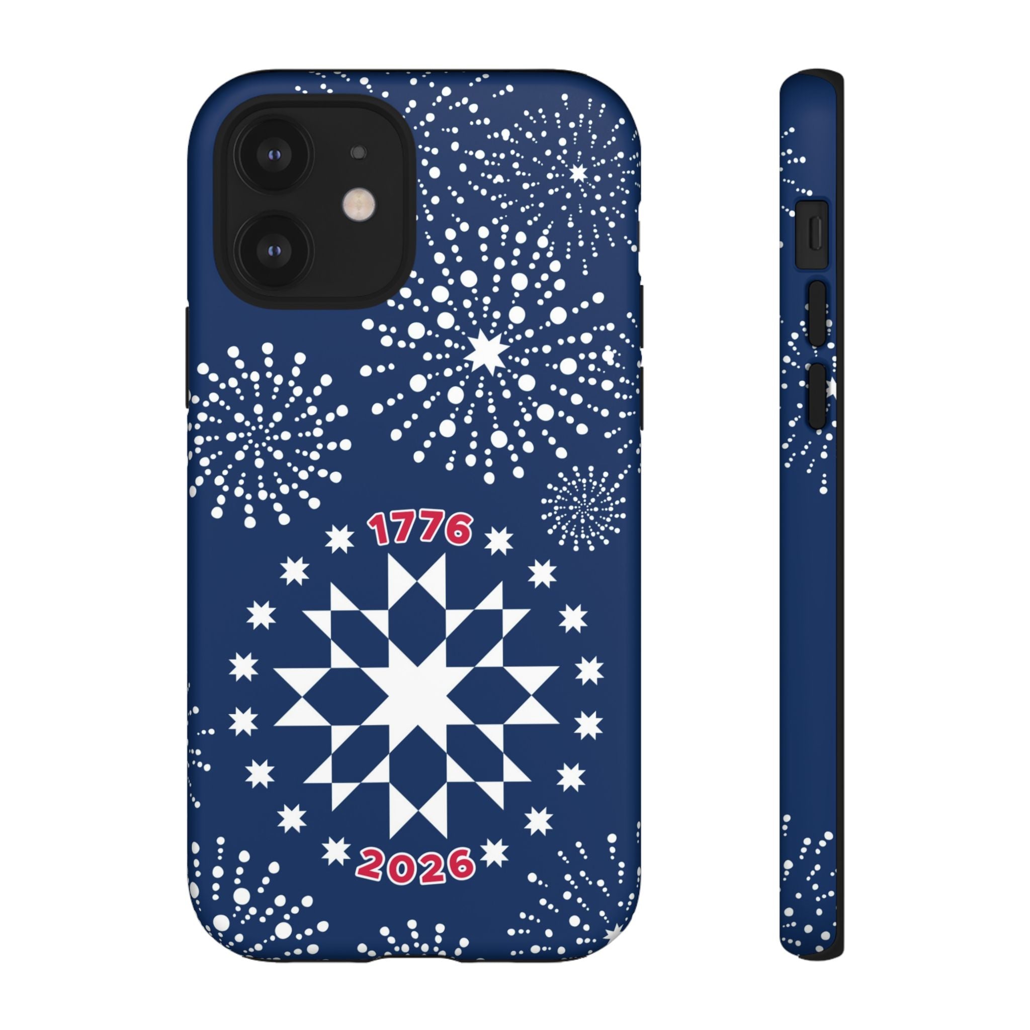 250th Fireworks Tough iPhone 12 Case – Matte | navy, white patriotic star quilt fireworks print
