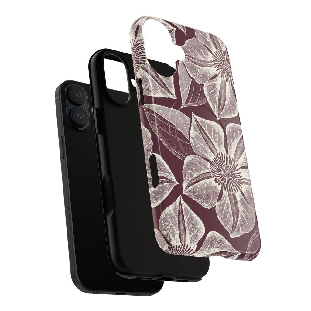 Vintage Bloom Burgundy MagSafe iPhone 16 Pro Max Case – Glossy | burgundy ground, large-scale cream clematis print, engraved petal detail | dual-layered view of case and inner lining in front of phone, with view of camera cutout and buttons