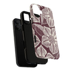 Vintage Bloom Burgundy MagSafe iPhone 16 Pro Max Case – Glossy | burgundy ground, large-scale cream clematis print, engraved petal detail | dual-layered view of case and inner lining in front of phone, with view of camera cutout and buttons