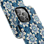 Luxury Modern Dahlia MagSafe iPhone 16 Pro Max Case – detail view of camera | navy, slate blue, white geometric dahlia tile floral print
