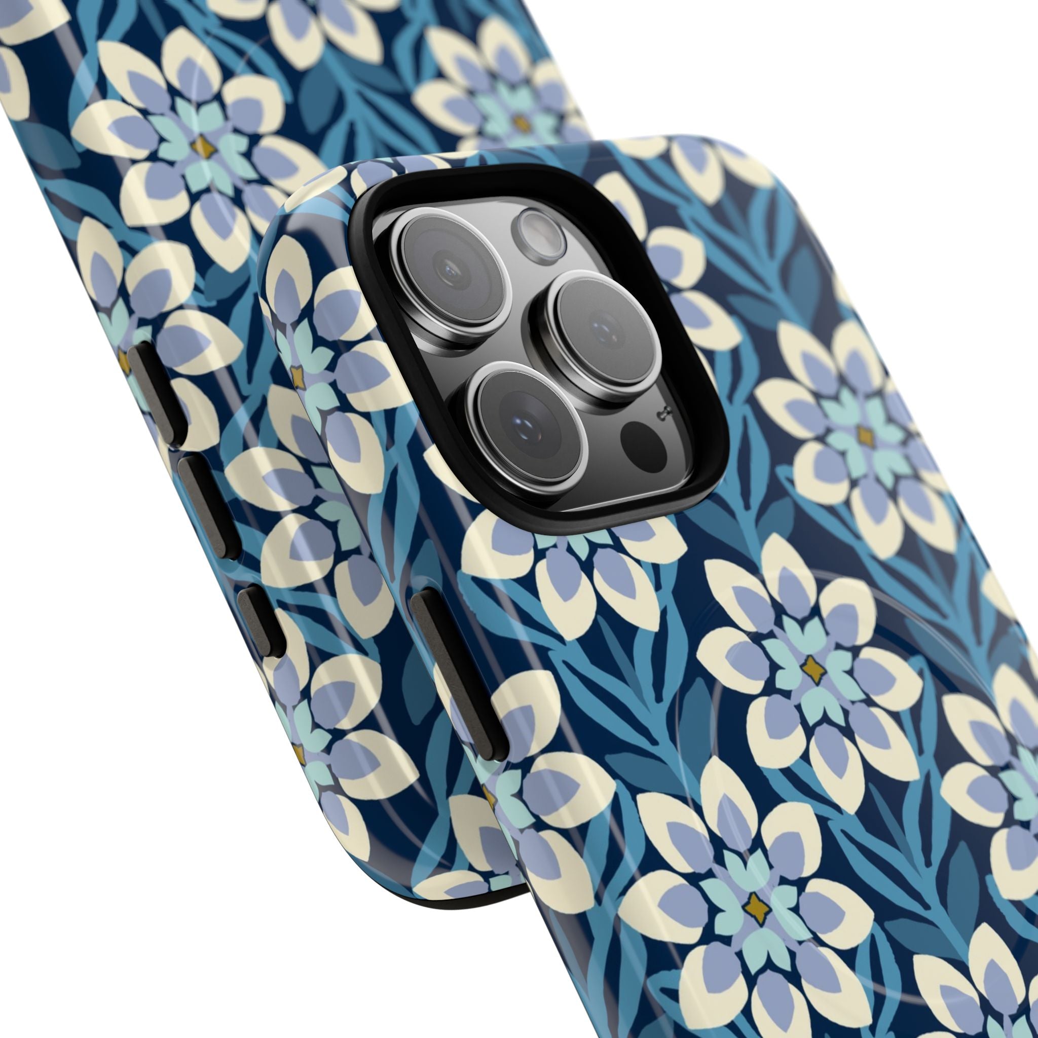 Luxury Modern Dahlia MagSafe iPhone 16 Pro Max Case – detail view of camera | navy, slate blue, white geometric dahlia tile floral print