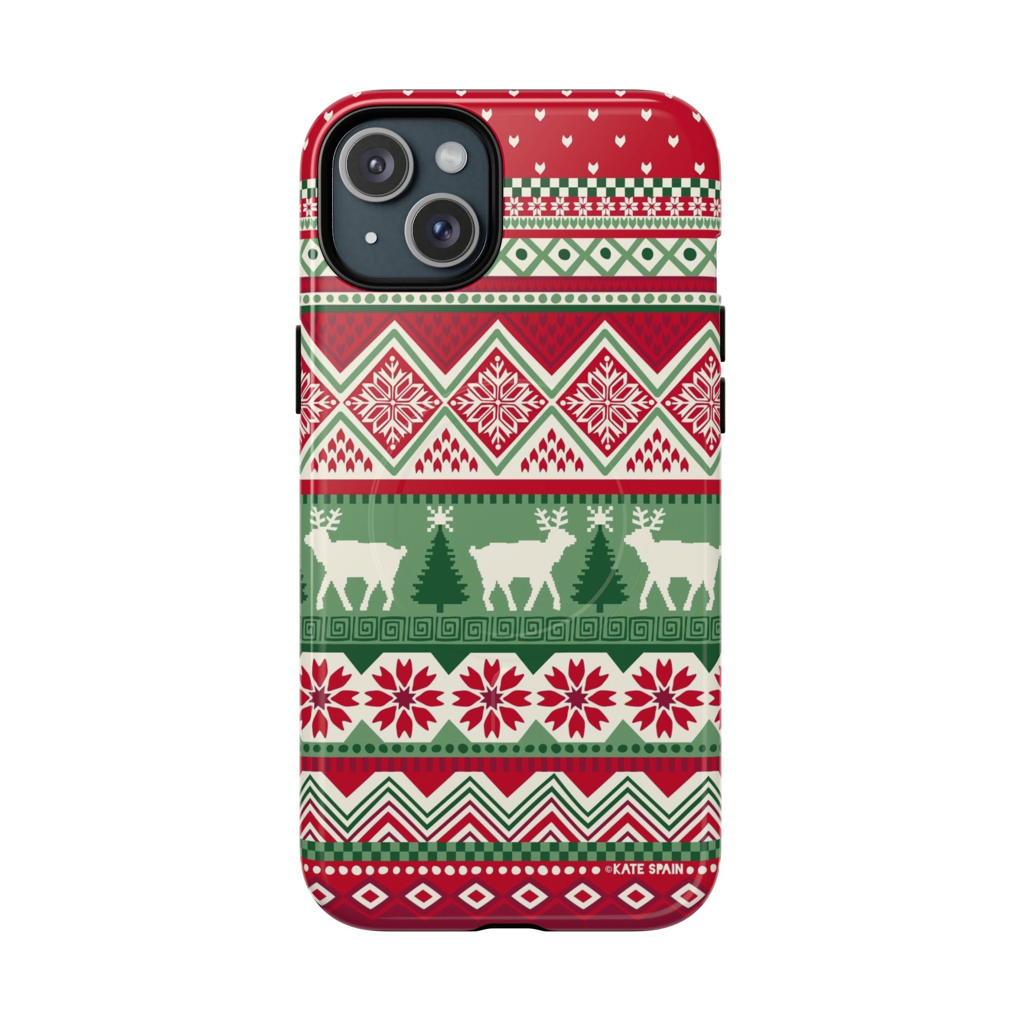 Telemark MagSafe iPhone 15 Plus Case – Glossy | red, green, and cream fair isle Christmas sweater print with snowflakes, reindeer, and trees