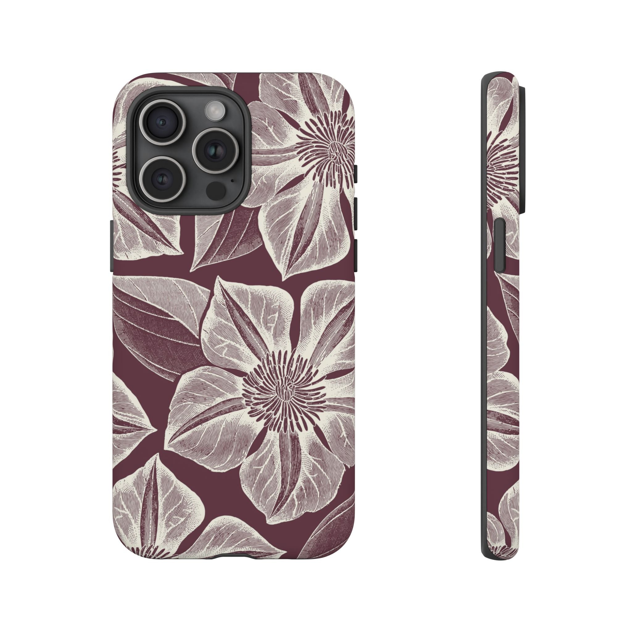 Vintage Bloom Burgundy iPhone 15 Pro Max case – Matte | burgundy ground, large-scale cream clematis print, engraved petal detail, dual-layer protection