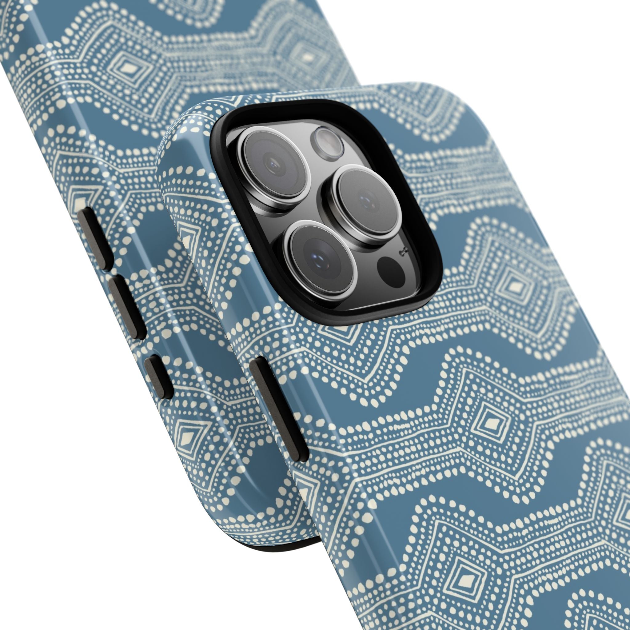 Diamond Dots Tough iPhone 16 Pro Max Case – dual-layer construction detail | steel blue, white diamond dot geometric print