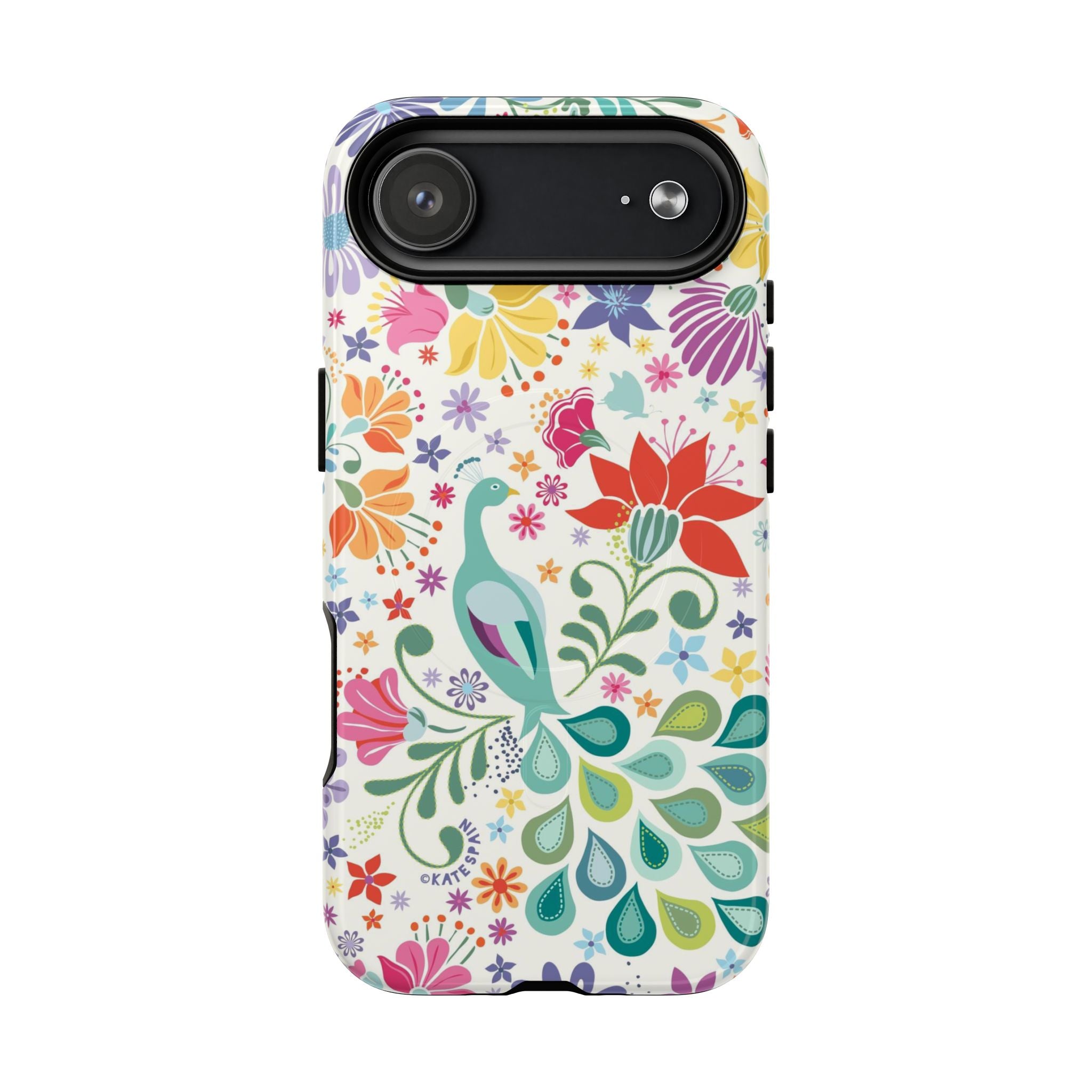 Peacock Sanctuary MagSafe iPhone 17 Air Case – Glossy | cream, teal, coral multicolor vibrant peacock feather botanical print