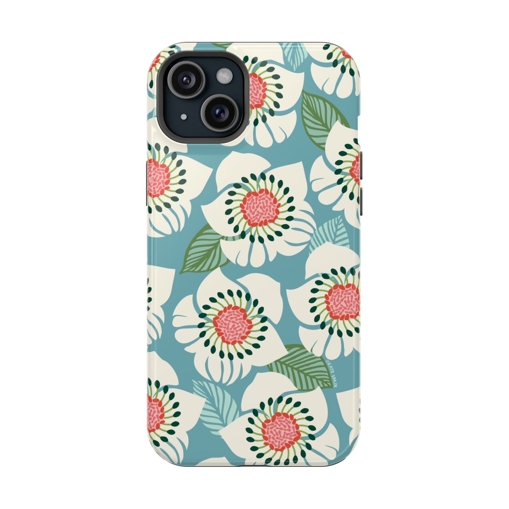 Panache Floral MagSafe iPhone 15 Plus Case – Glossy | sky blue, pale cream, pink anemone floral print