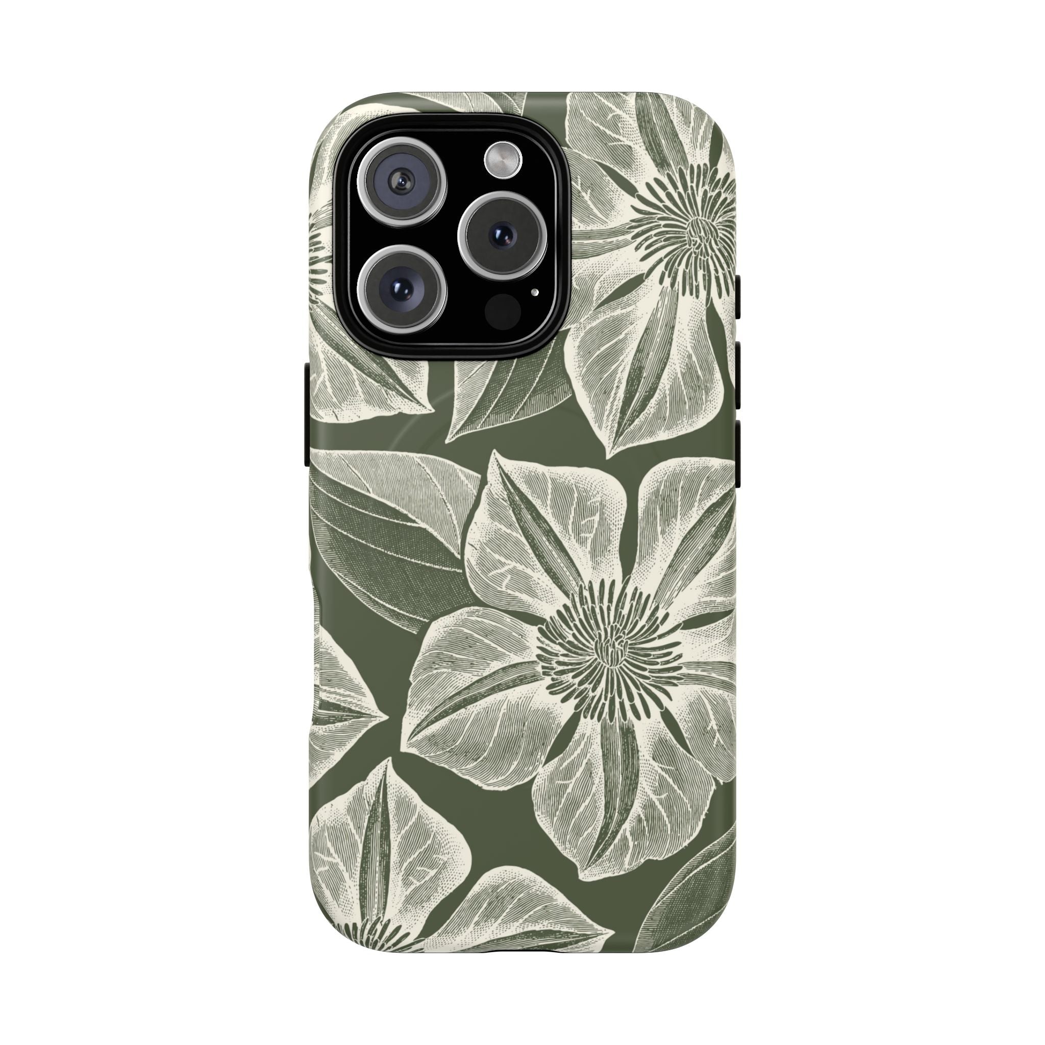 Vintage Bloom Cypress MagSafe iPhone 16 Pro – Matte | cypress green ground, large-scale white clematis print, engraved petal detail, dual-layer protection