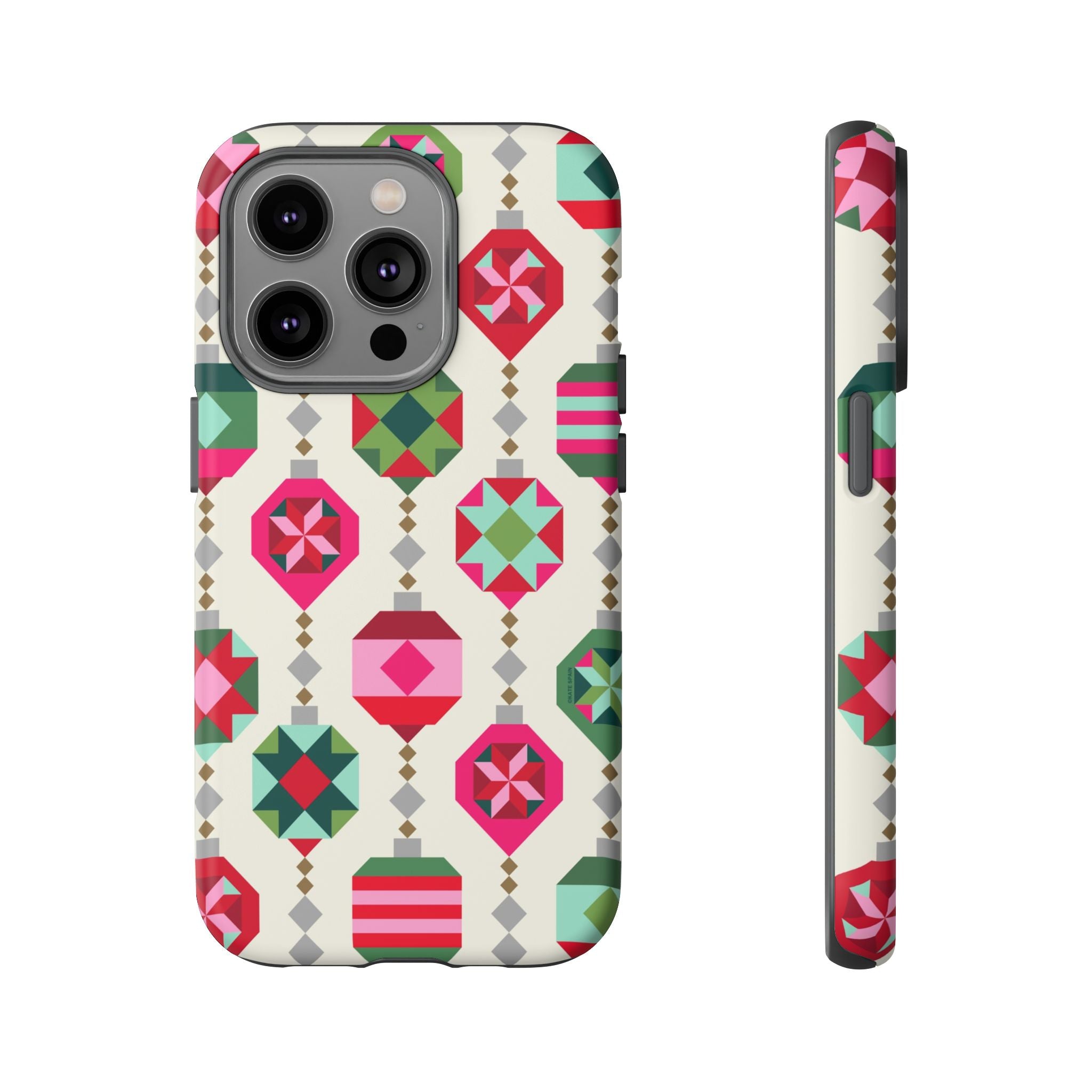 Felicity Ornaments Tough iPhone 14 Pro Case – Matte | cream, red, pink, green, mint geometric quilted ornament print