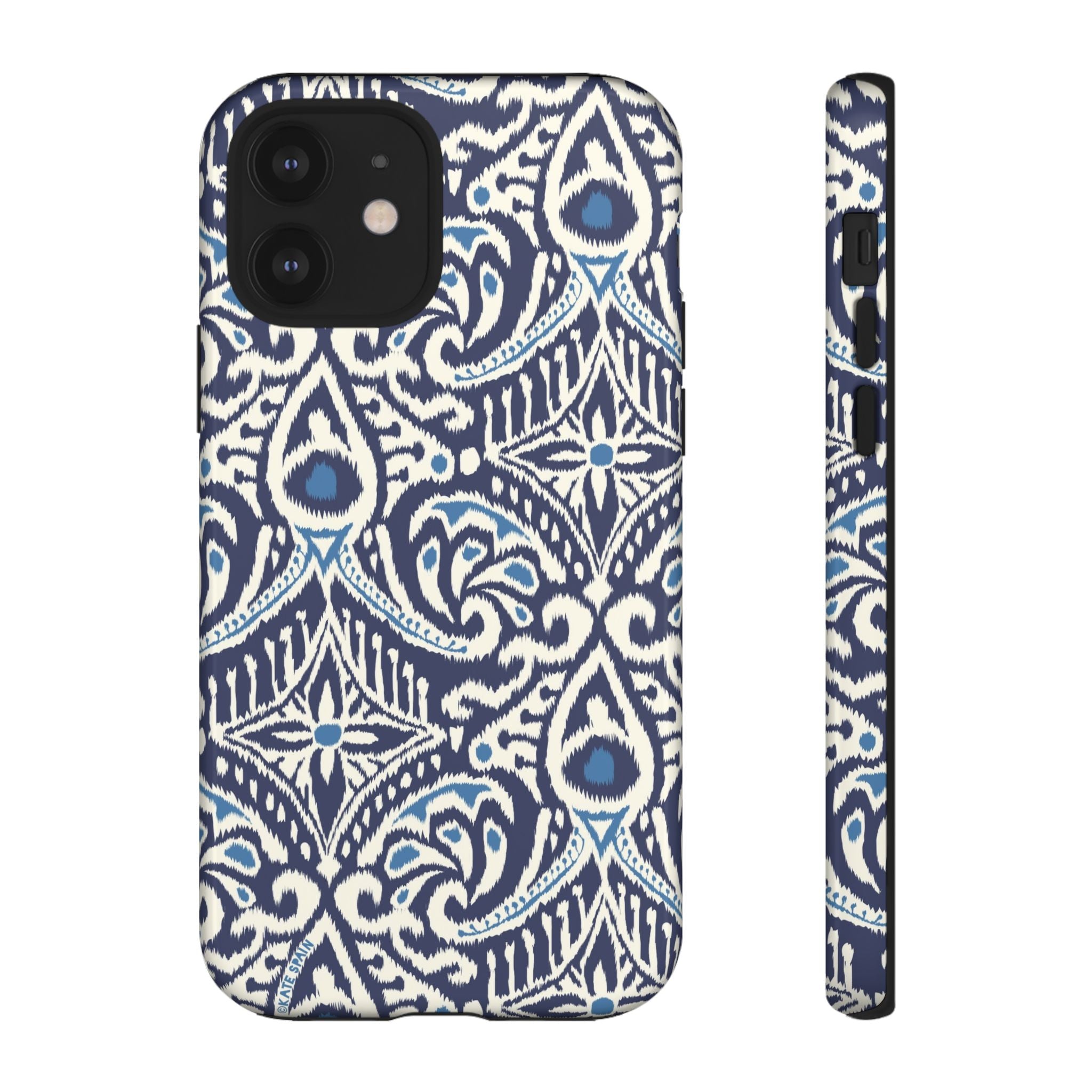 Ikat Tough iPhone 12 Case – Glossy | navy, cream, blue ikat medallion print