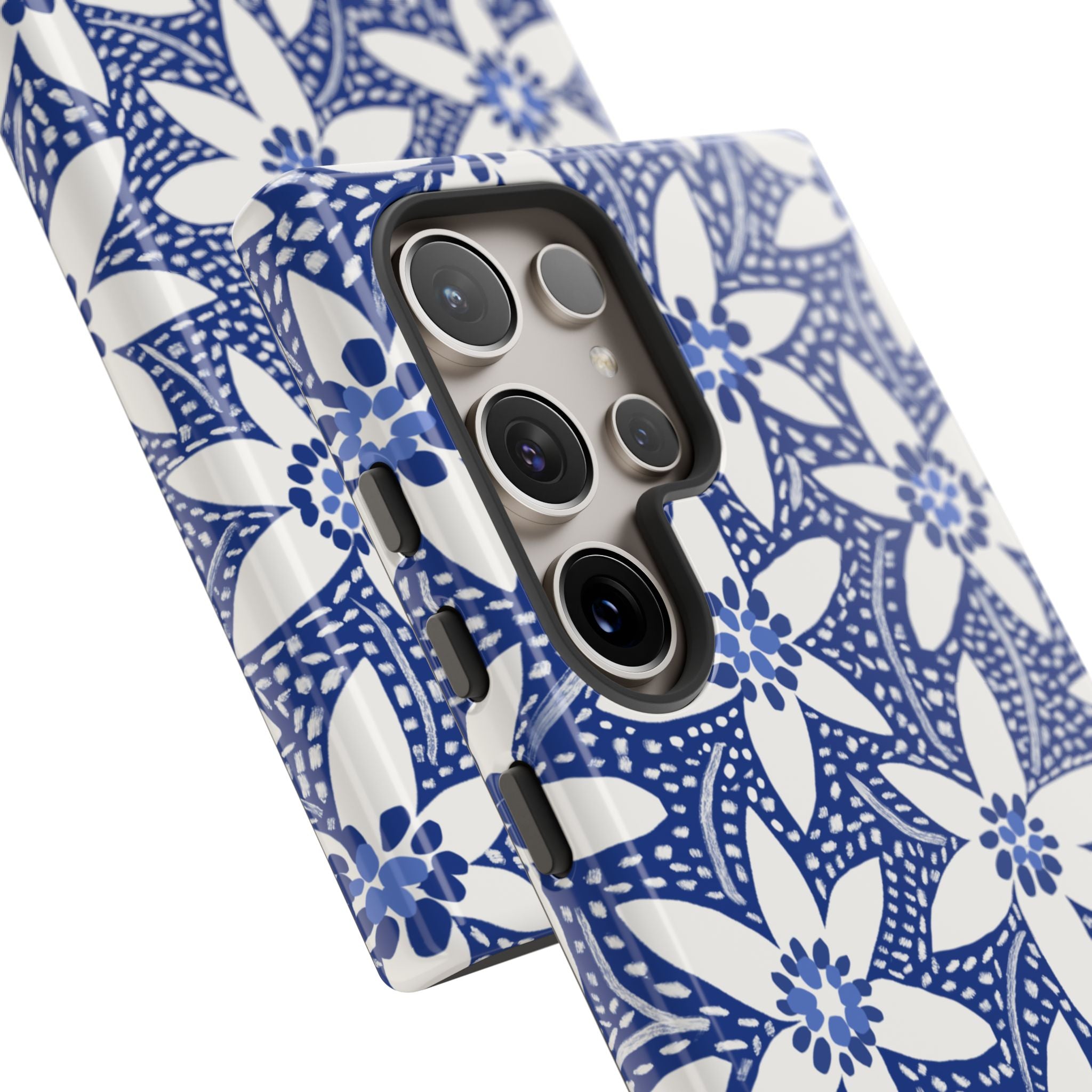 Starflower Samsung Galaxy S24 Ultra Case – angled close-up of 5-lens camera in case | navy, white geometric starflower print