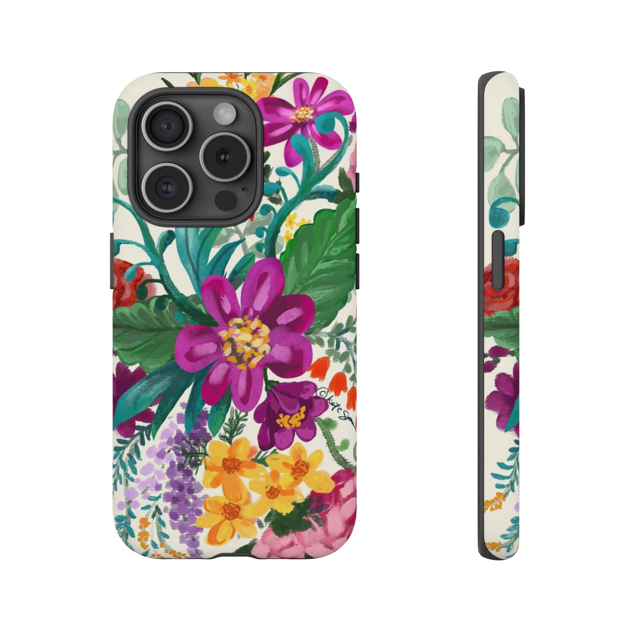 Posy Tough iPhone 15 Pro Case – Matte | cream, magenta, coral botanical floral print