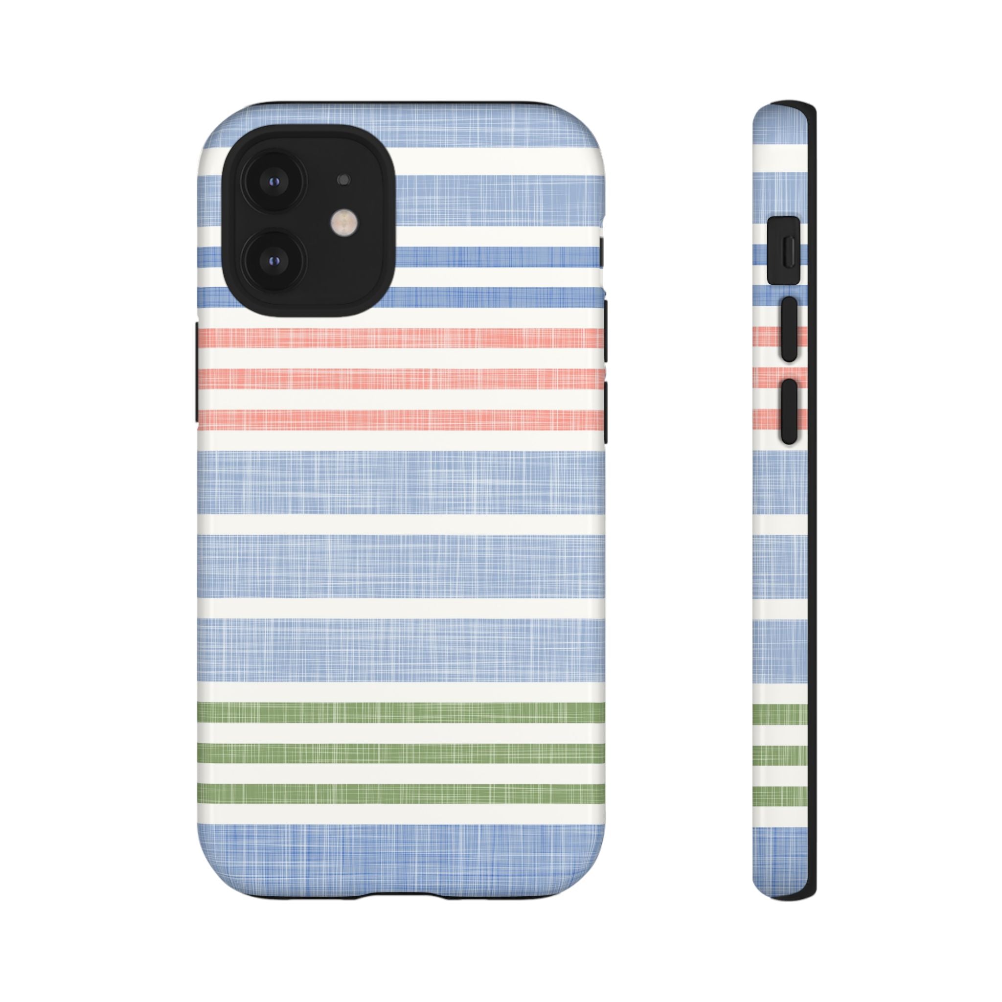 Cabana Stripe Pastel Tough iPhone 12 Mini Case – Glossy | soft blue, coral, sage green chambray-textured stripe print dual-layer protection