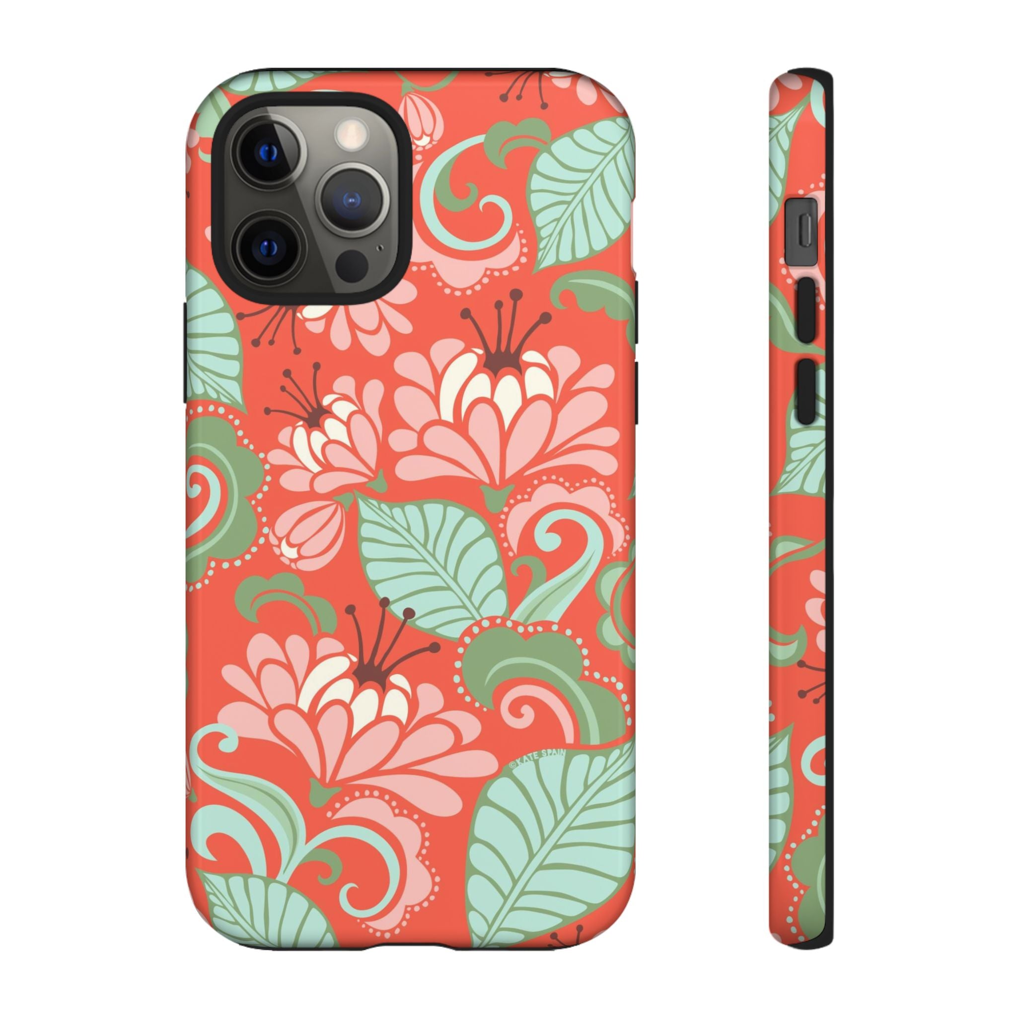 Sarabande Tough iPhone 12 Pro Case – Glossy | coral, pink, cream, green botanical floral print