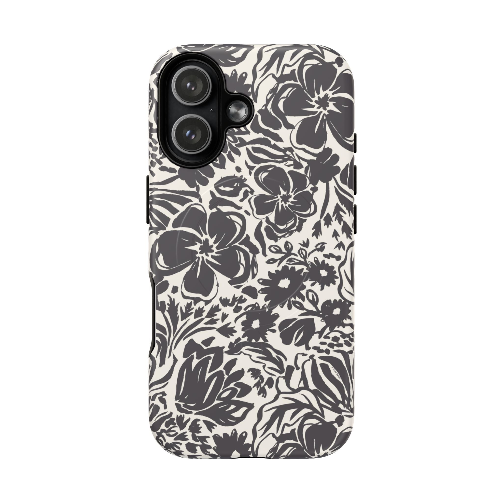 Rhapsody Black MagSafe iPhone 17 Matte case — bold charcoal floral print on cream by Kate Spain