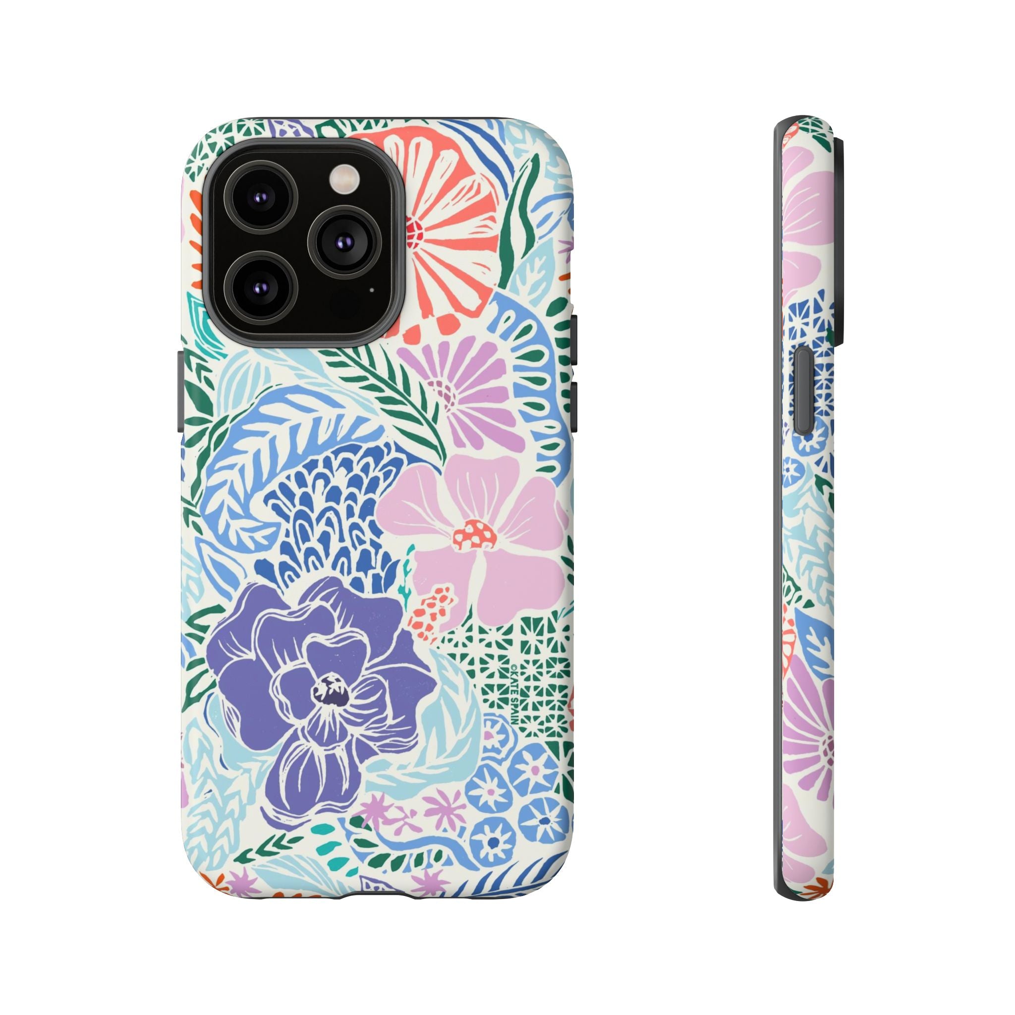 Tropica Tough iPhone 14 Pro Max Case – Matte | purple, coral, pink, blue botanical tropical floral print