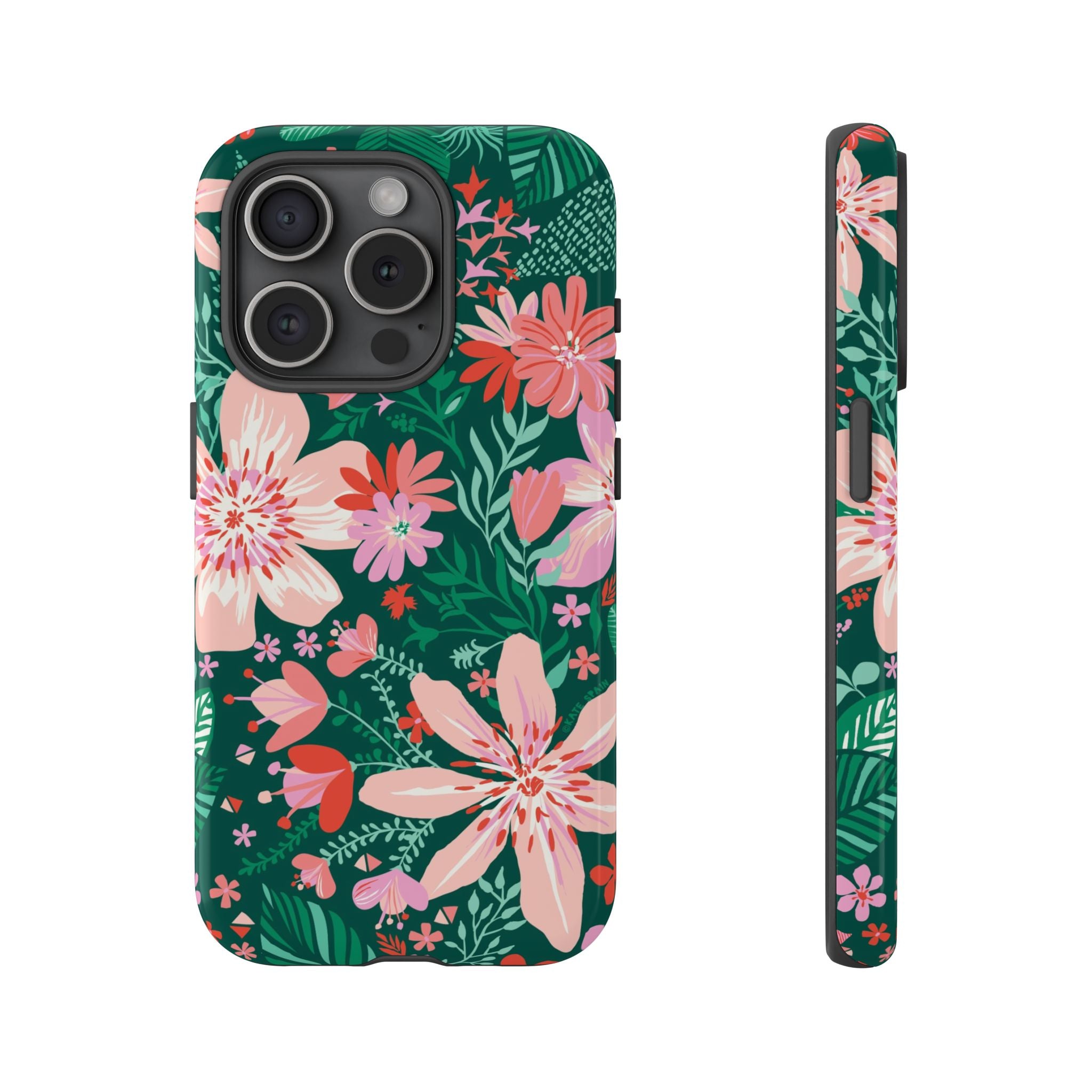 Bonaire Tough iPhone 15 Pro Case – Glossy | jade, pink, white tropical floral botanical print