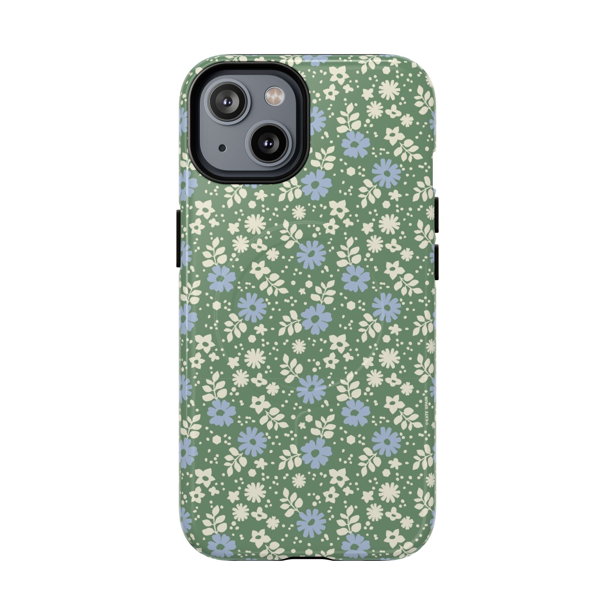 Petaline Green MagSafe iPhone 14 Case – Glossy | cream and periwinkle blue ditsy floral print on a sage green ground