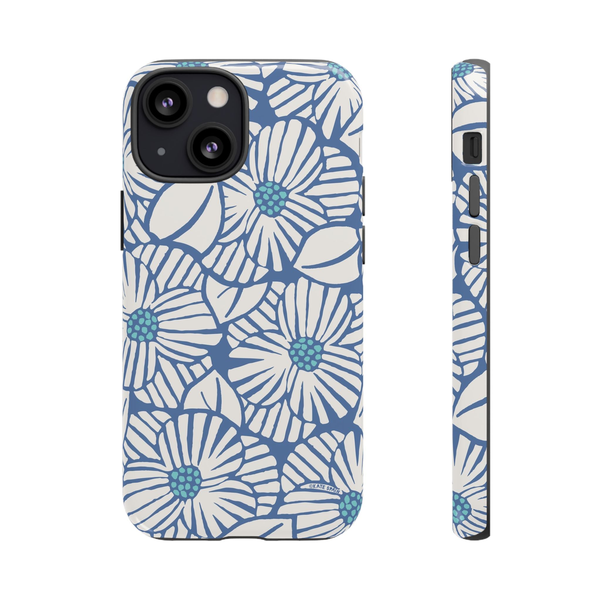 Calendula Tough iPhone 13 Mini Case – Glossy | periwinkle, cream, teal graphic daisy floral print