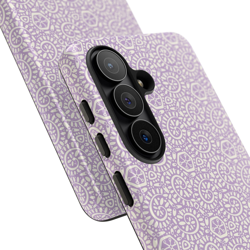 Canto Swirls Lavender Samsung Galaxy S26 Case — angled view showing slim profile; lavender folk-art medallion pattern