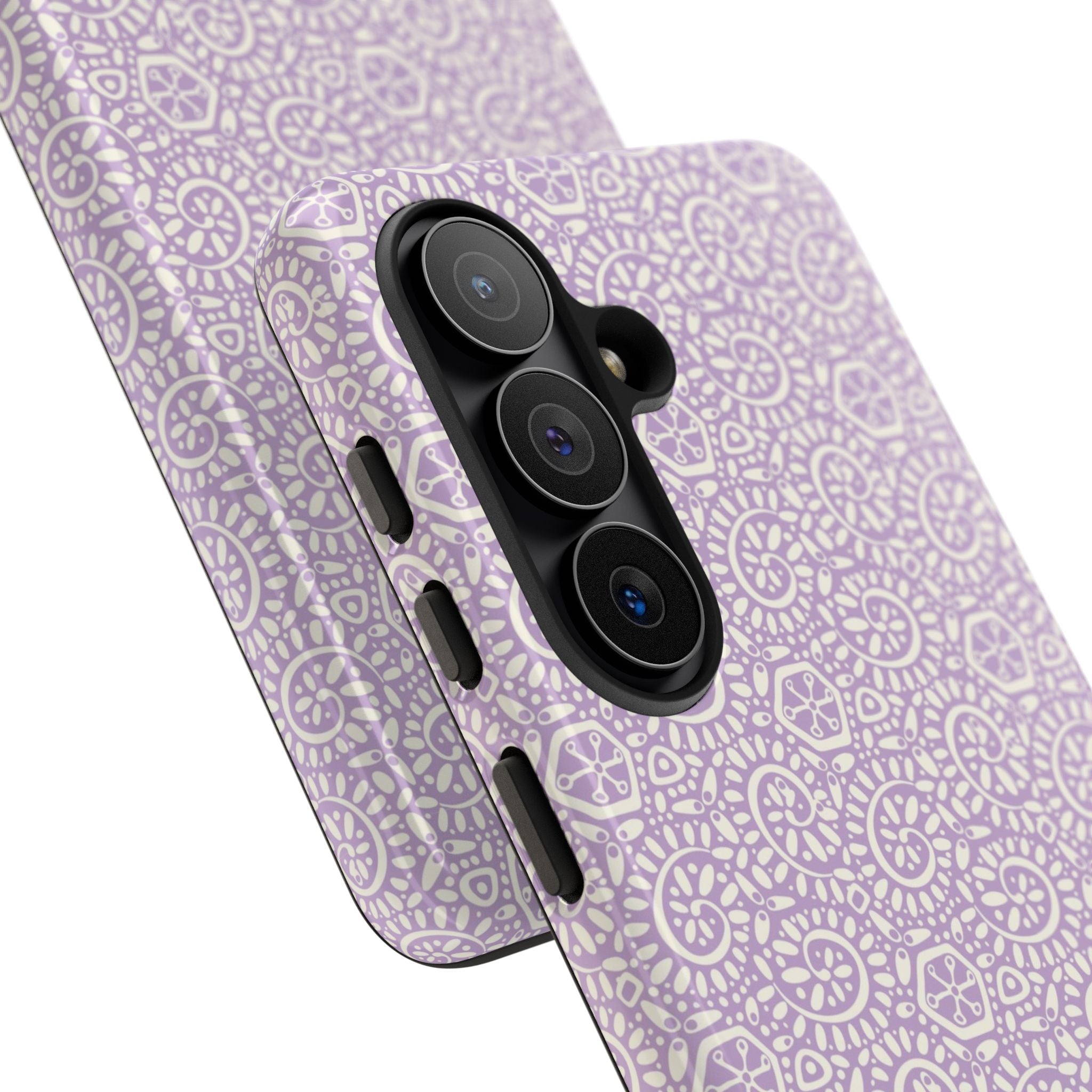 Canto Swirls Lavender Samsung Galaxy S26 Case — angled view showing slim profile; lavender folk-art medallion pattern