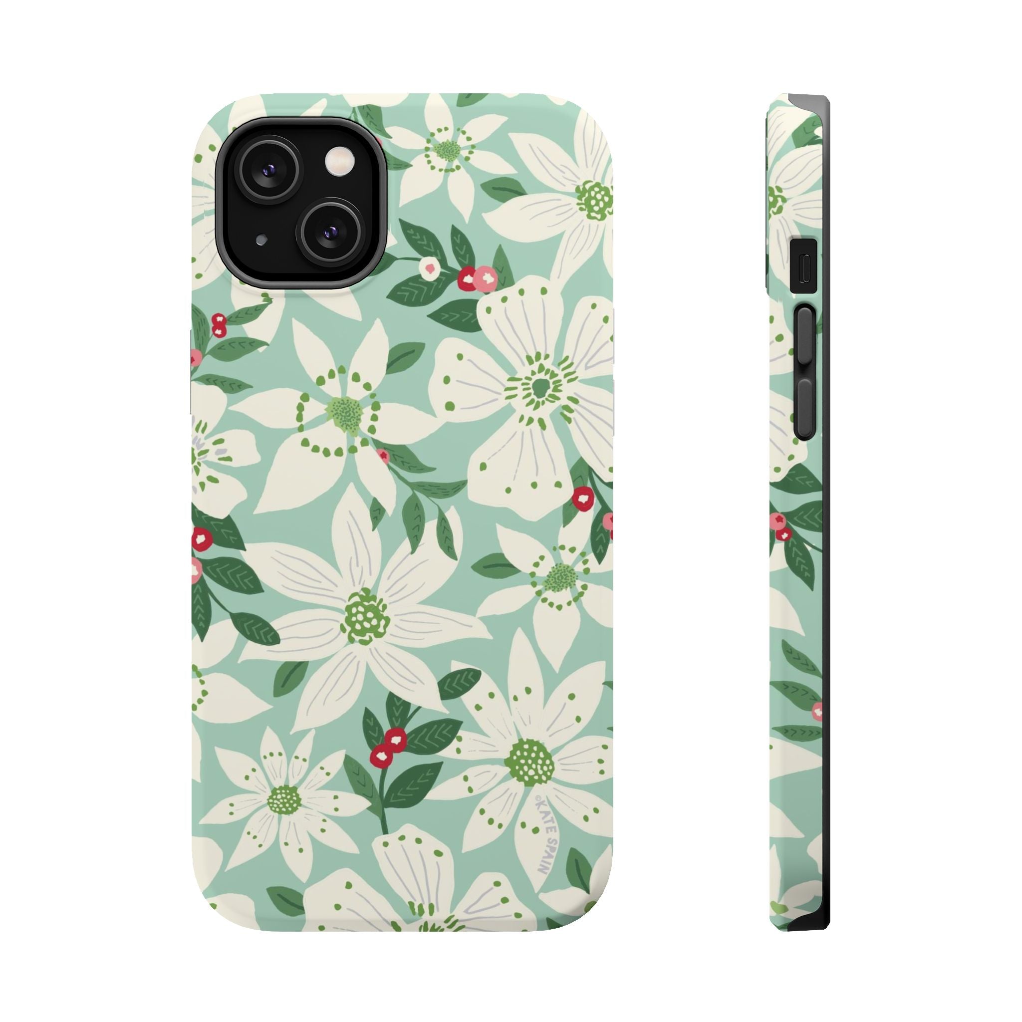 Gardenia MagSafe iPhone 14 Plus Case – Matte | light blue, white, green, red gardenia botanical print MagSafe compatible, dual-layer protection