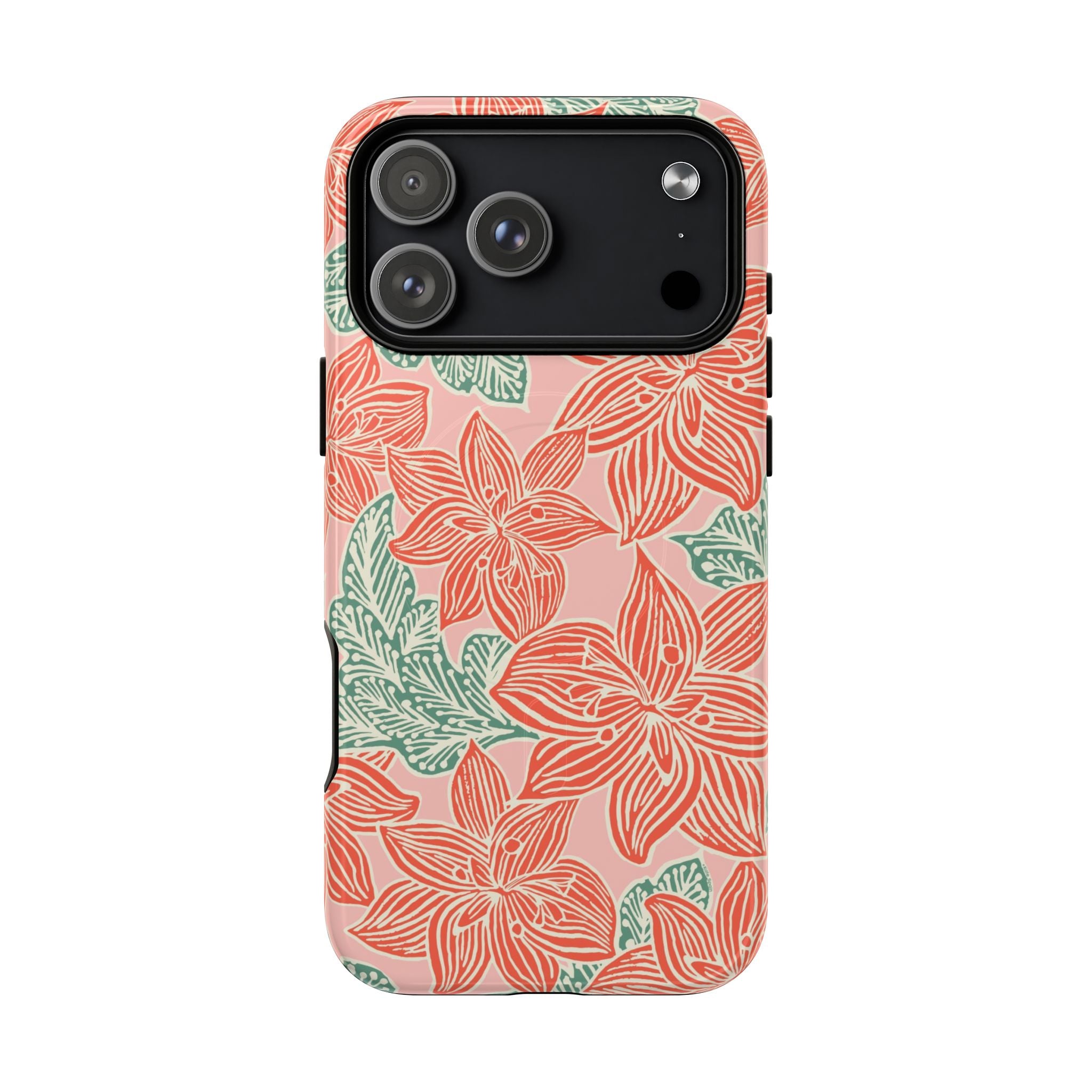 Hibiscus Coral MagSafe iPhone 17 Pro Max Glossy Case — blush pink hard case with large-scale coral red hibiscus flowers and teal-green leaves in a bold botanical linework print, densely layered across the surface