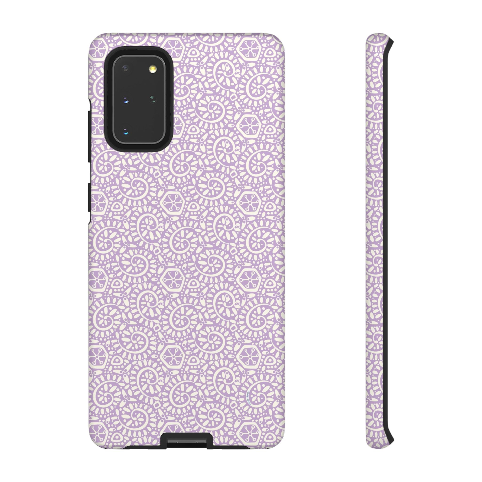 Canto Swirls Lavender Samsung Galaxy S20+ Matte Case — lavender hard case covered in an intricate folk-art medallion pattern of radiating circular motifs, dot clusters, and geometric centers