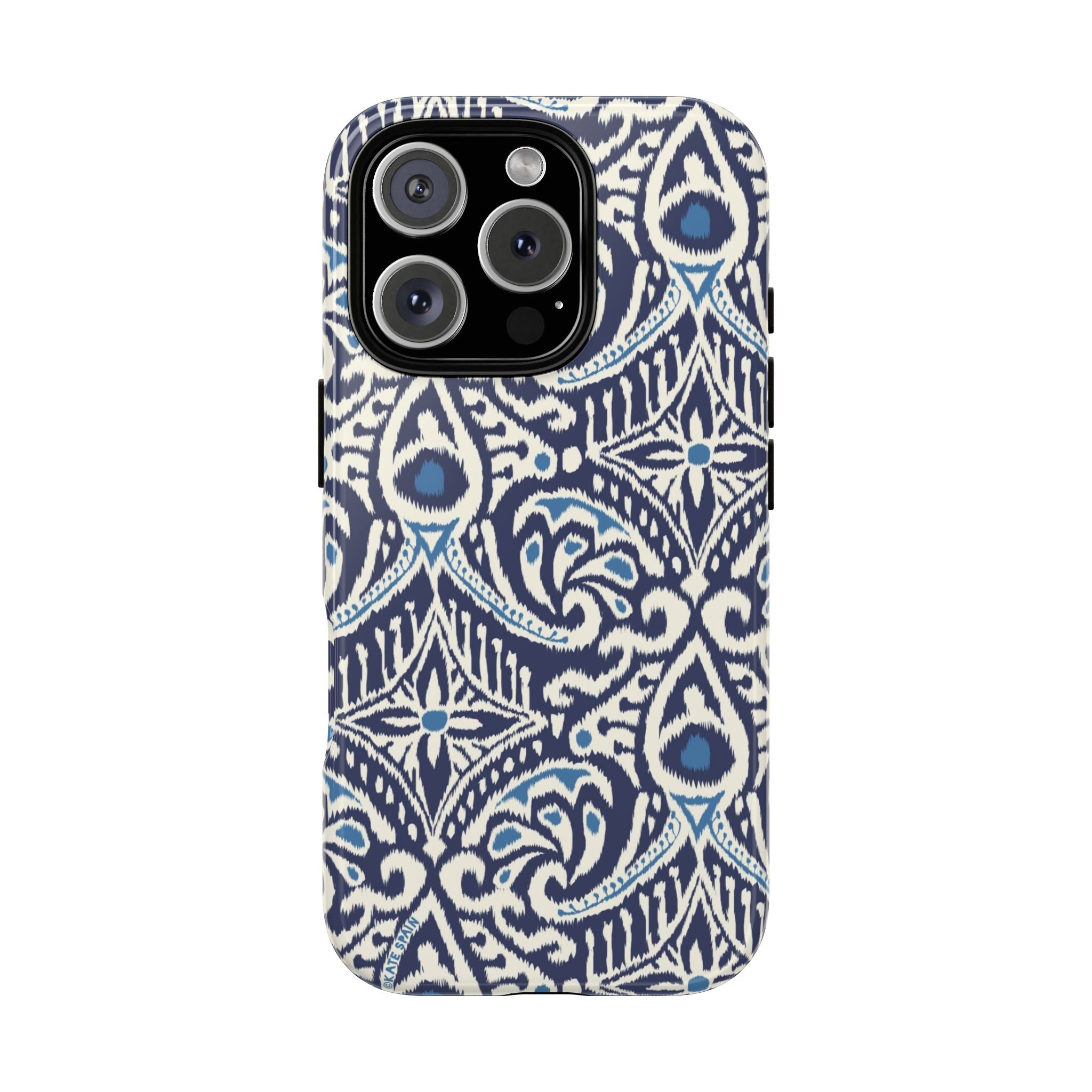 Ikat Tough iPhone 16 Pro Case – Glossy | navy, cream, blue ikat medallion print
