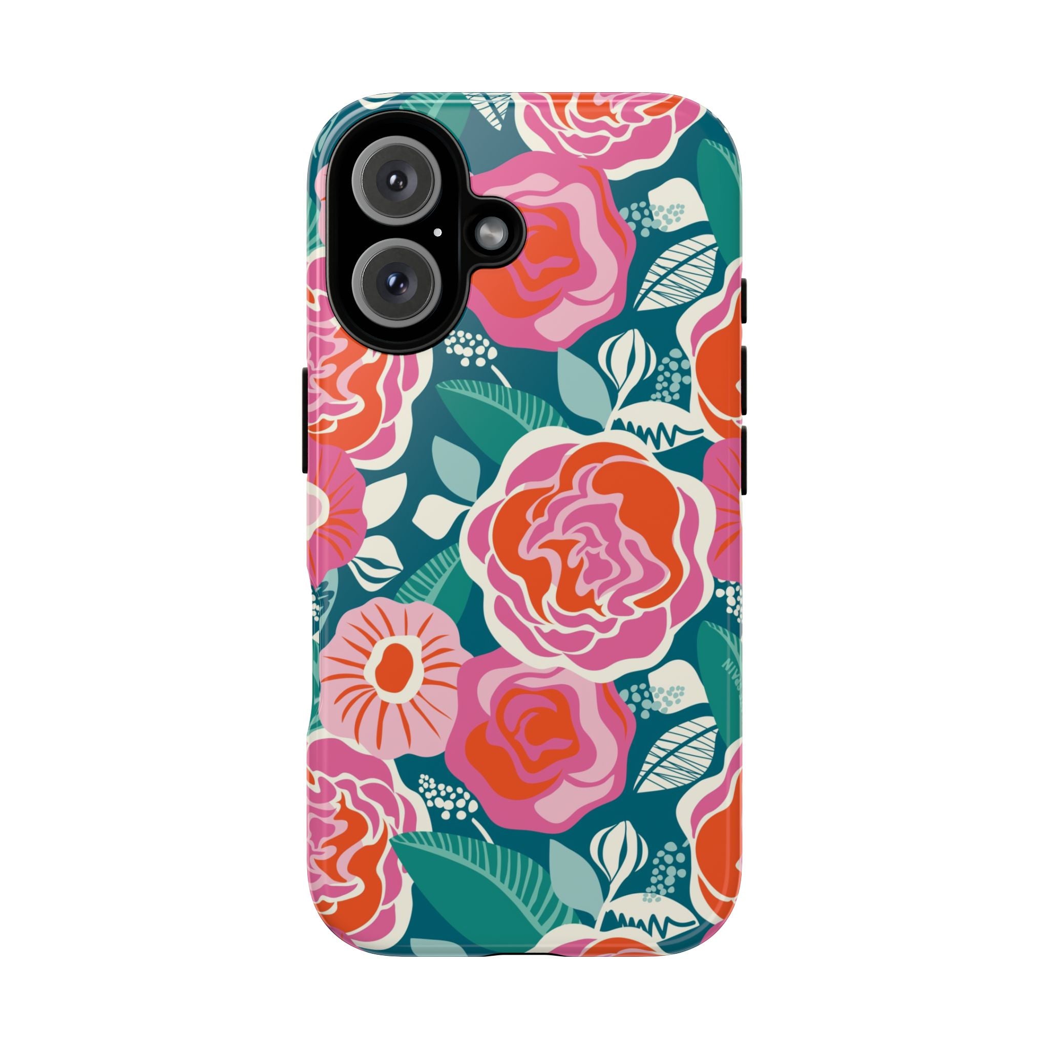 Tea Rose Teal Tough iPhone 16 Case – Glossy | teal, coral, pink botanical rose floral print