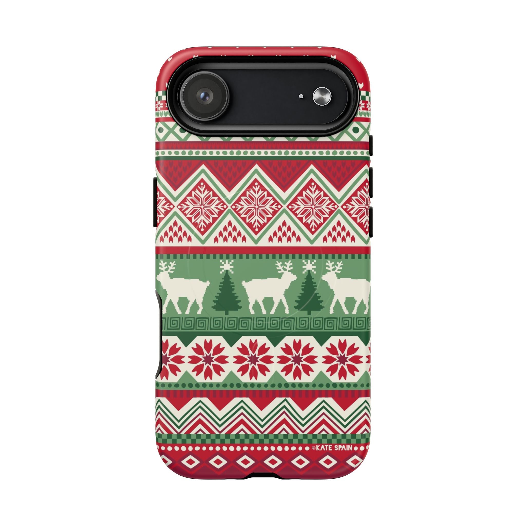 Telemark MagSafe iPhone 17 Air Case – Matte | red, green, and cream fair isle Christmas sweater print with snowflakes, reindeer, and trees