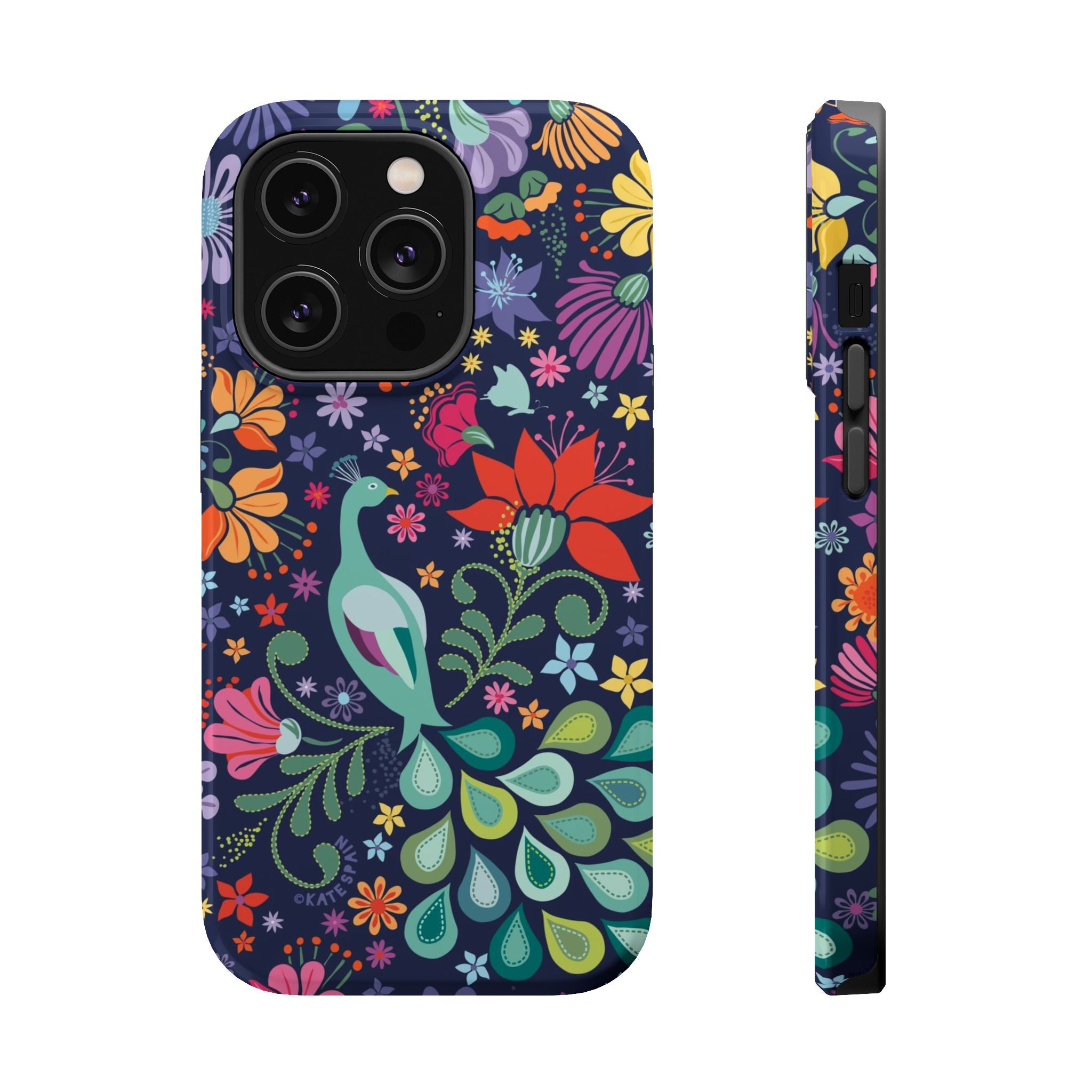 Peacock Sanctuary MagSafe iPhone 14 Pro Case – Glossy | navy, teal, ivory peacock botanical print MagSafe compatible, dual-layer protection