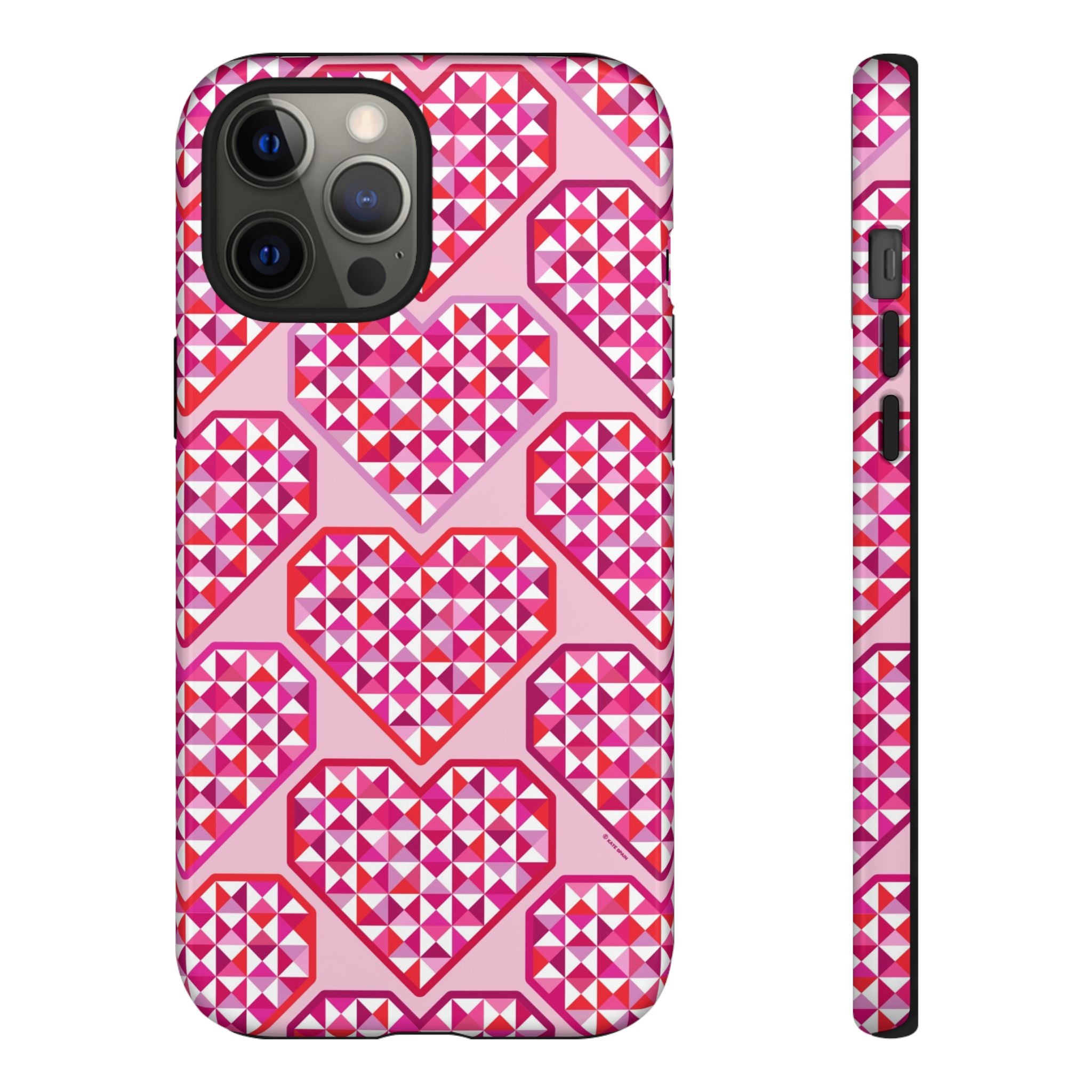 Pink Pyramid Heart Tough iPhone 12 Pro Max Case – Glossy | blush, pink, magenta, red geometric pyramid heart print