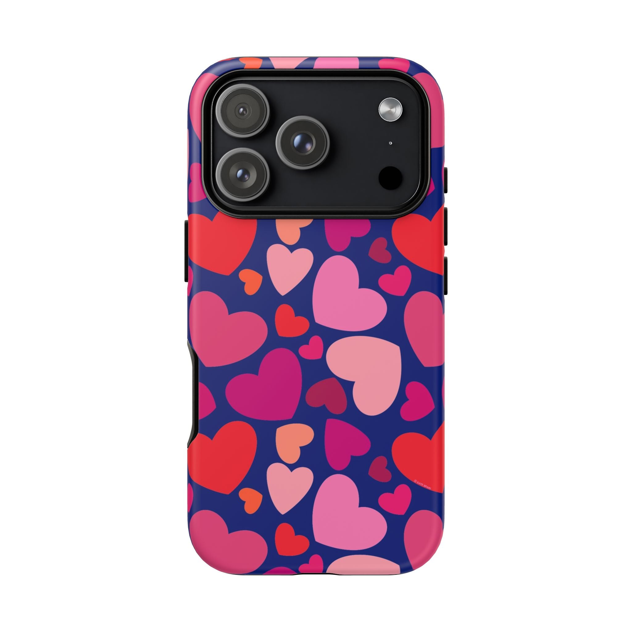 Hearts Tough iPhone 17 Pro Case – Matte | navy, pink, red, coral scattered heart print