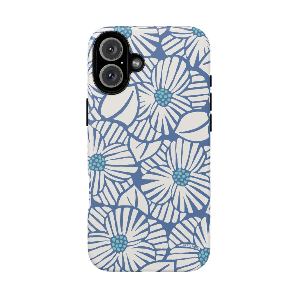Calendula Tough iPhone 16 Plus Case – Matte | periwinkle, cream, teal graphic daisy floral print