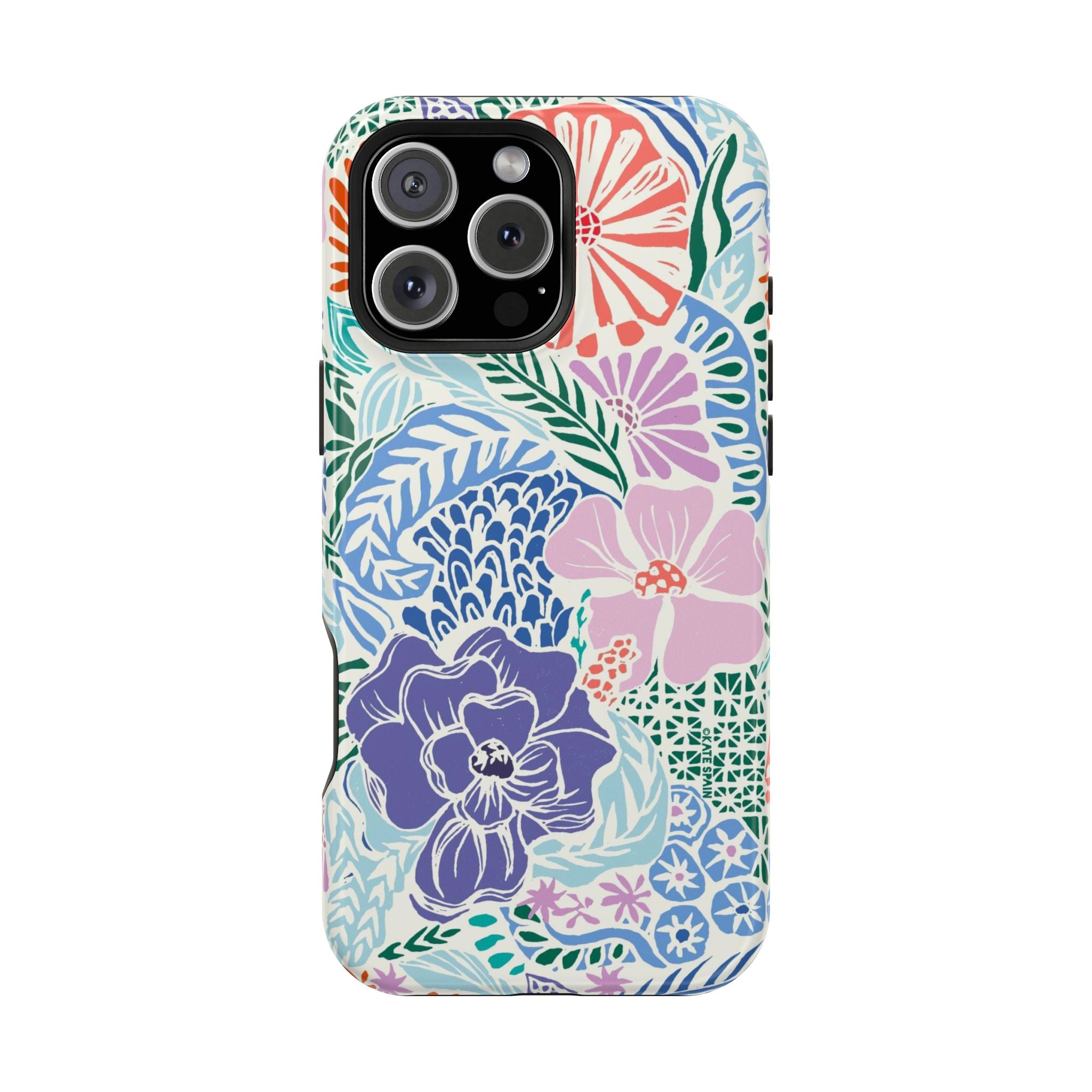Tropica MagSafe iPhone 16 Pro Case – Matte | purple, coral, pink, blue botanical tropical floral print MagSafe compatible, dual-layer protection