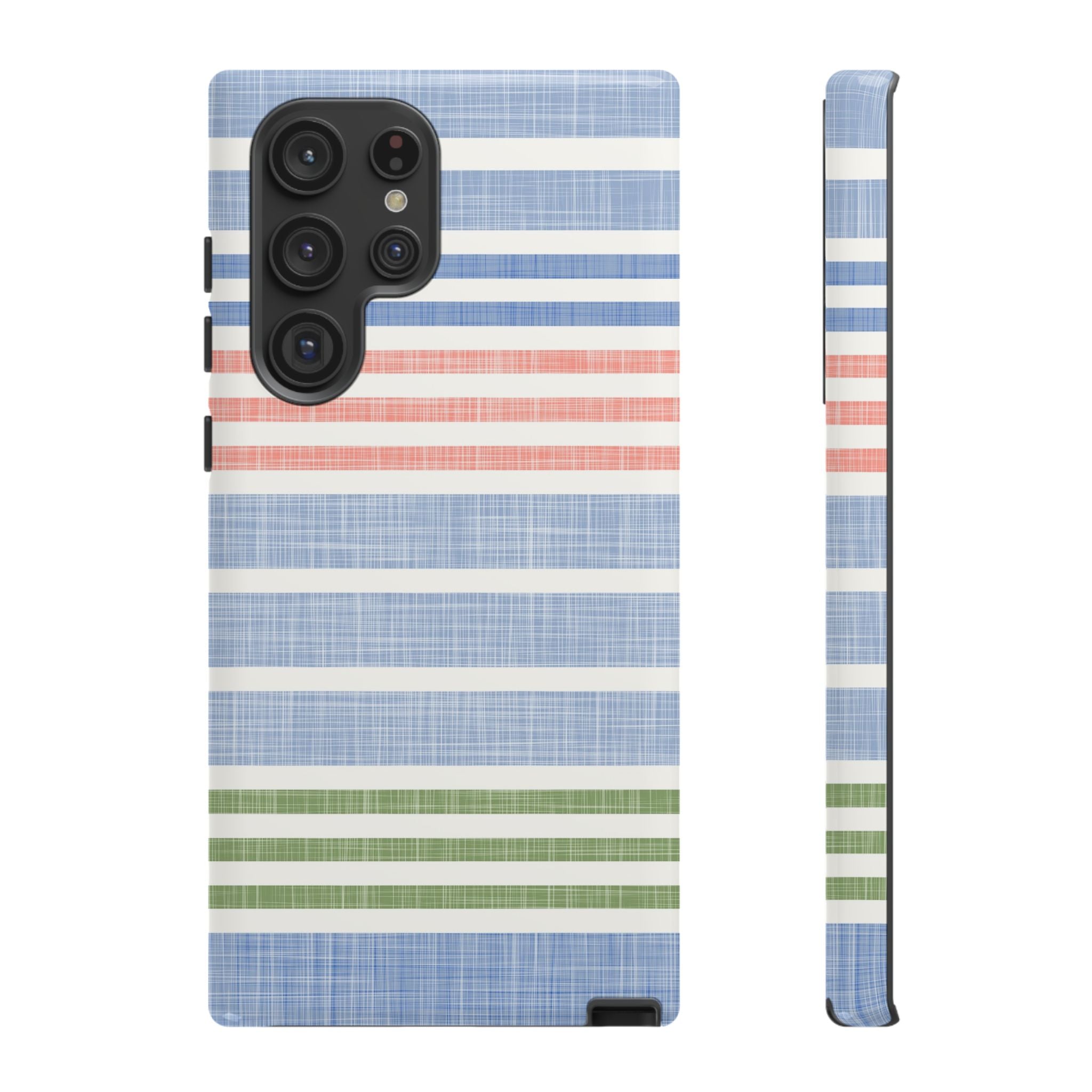 Cabana Stripe Pastel Samsung Galaxy S22 Ultra Case – Glossy | soft blue, coral, sage green chambray-textured stripe print dual-layer protection