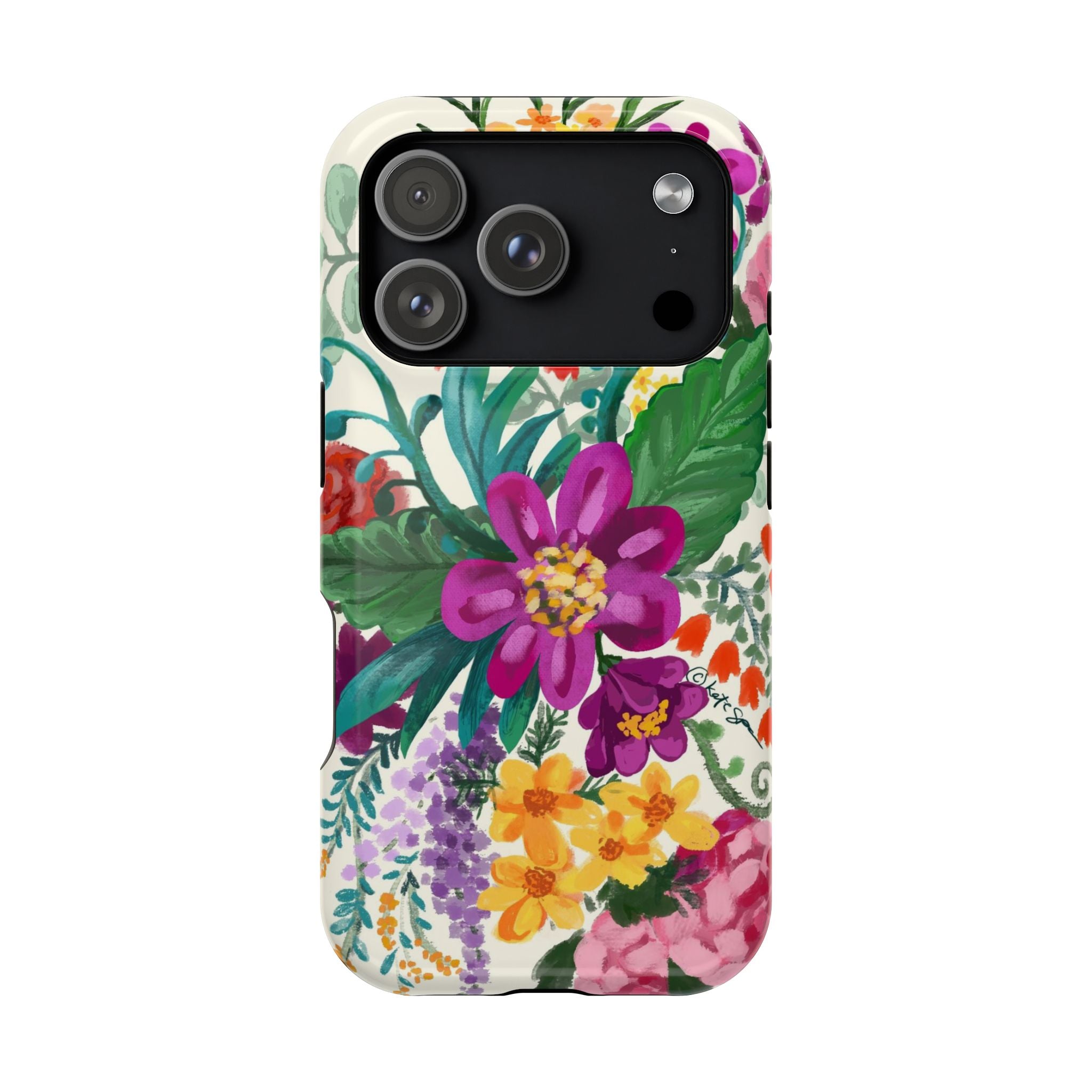 Posy MagSafe iPhone 17 Pro Case – Glossy | white, magenta, yellow, purple vibrant botanical floral print