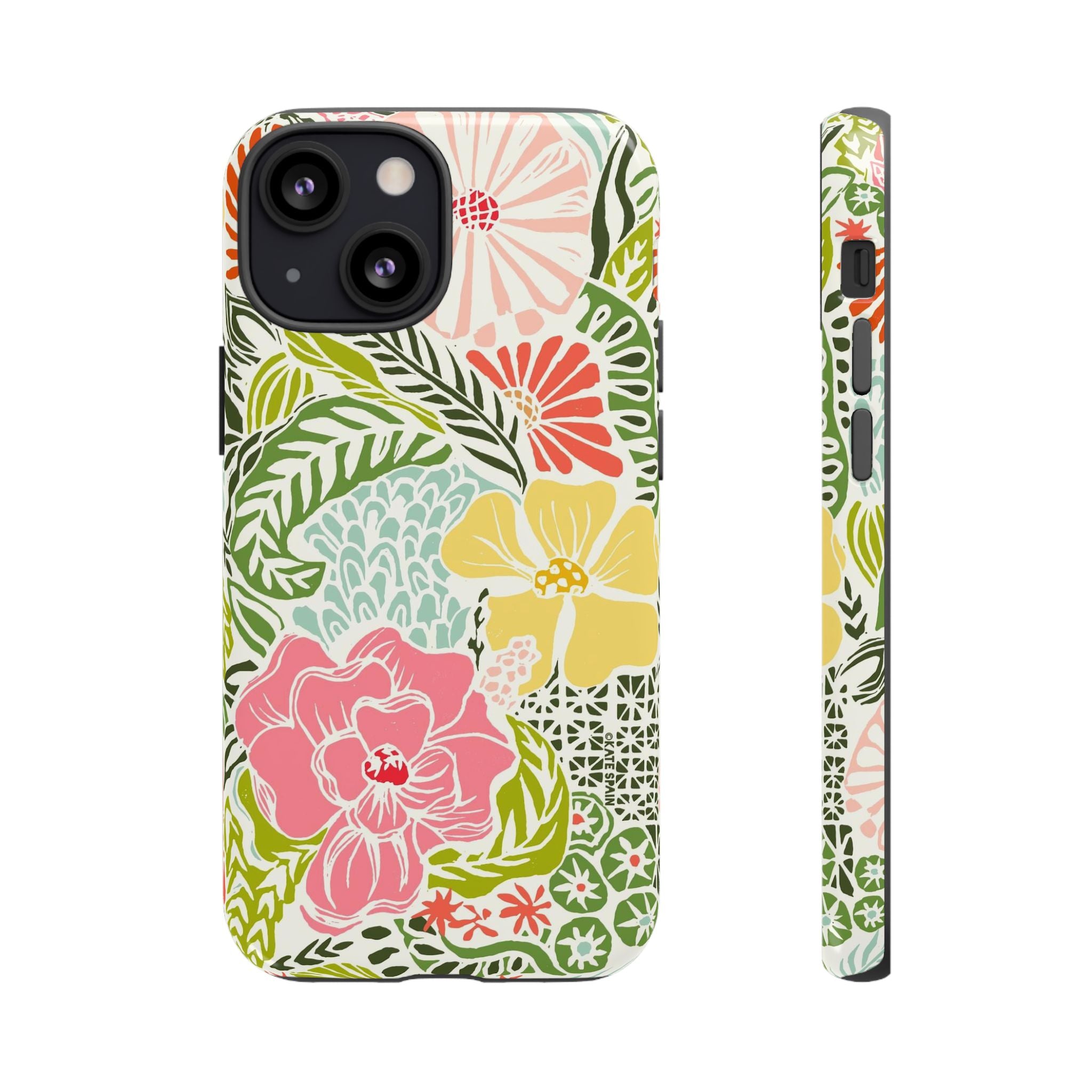 Tropica Tough iPhone 13 Mini Case – Glossy | cream, pink, yellow, blue botanical floral print